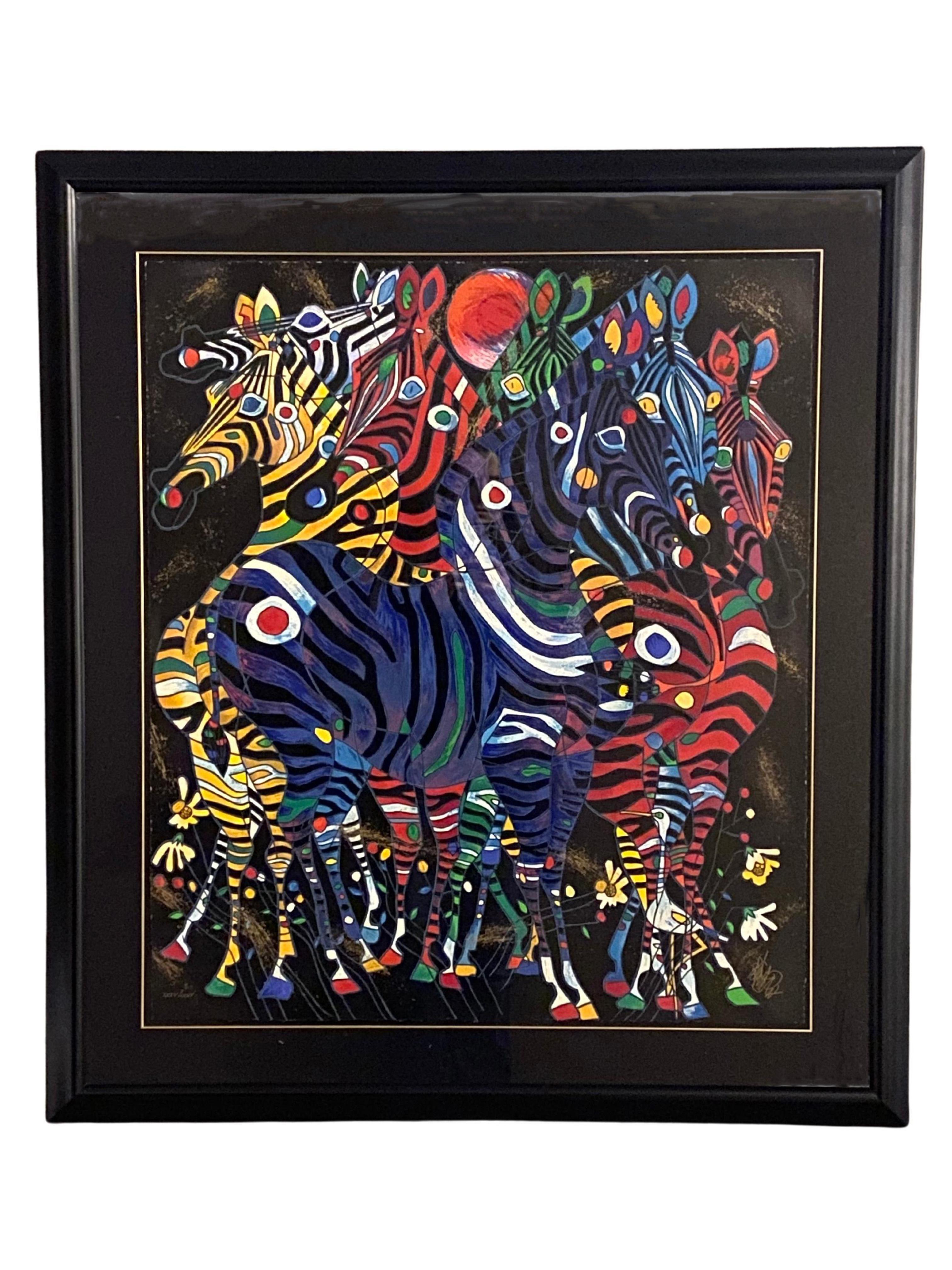 "Harmony" Colorful Zebras Lithograph by Chinese Artist Jiang Tie-Feng  #35/75