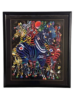 Vintage "Harmony" Colorful Zebras Lithograph by Chinese Artist Jiang Tie-Feng  #35/75