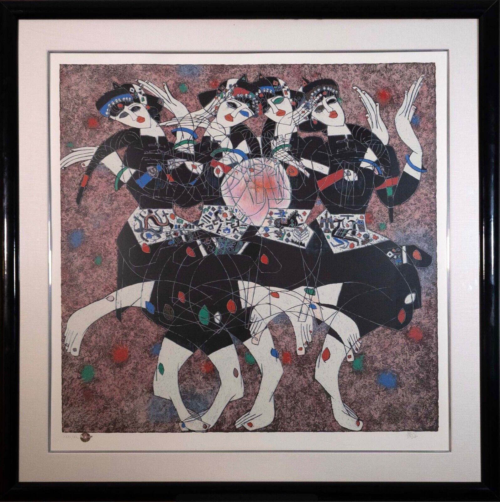An energetic serigraph on paper titled “Moonlight Dance” by Chinese artist Jiang Tie Feng. Hand signed in pencil on the bottom right with an annotation of XXXI/XL on the bottom left. Published in 1986. Born in Zhejiang Province, China, Jiang
