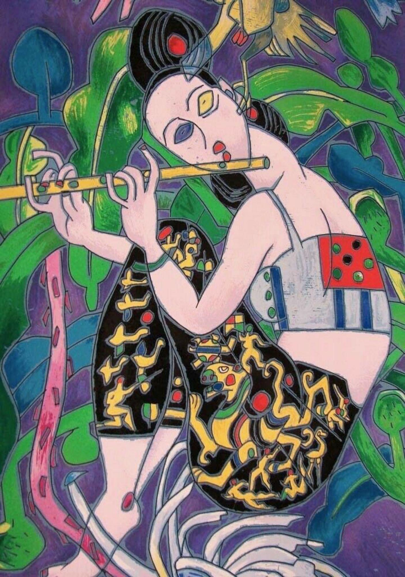 JIANG TIE-FENG (1938-  ) Chinese Artist Jiang Tiefeng's colors are of unsurpassed richness. Jiang's use of imagery in his paintings are steeped in Buddhist and Chinese mythology. Each figure has a symbolic meaning, and his works have so much