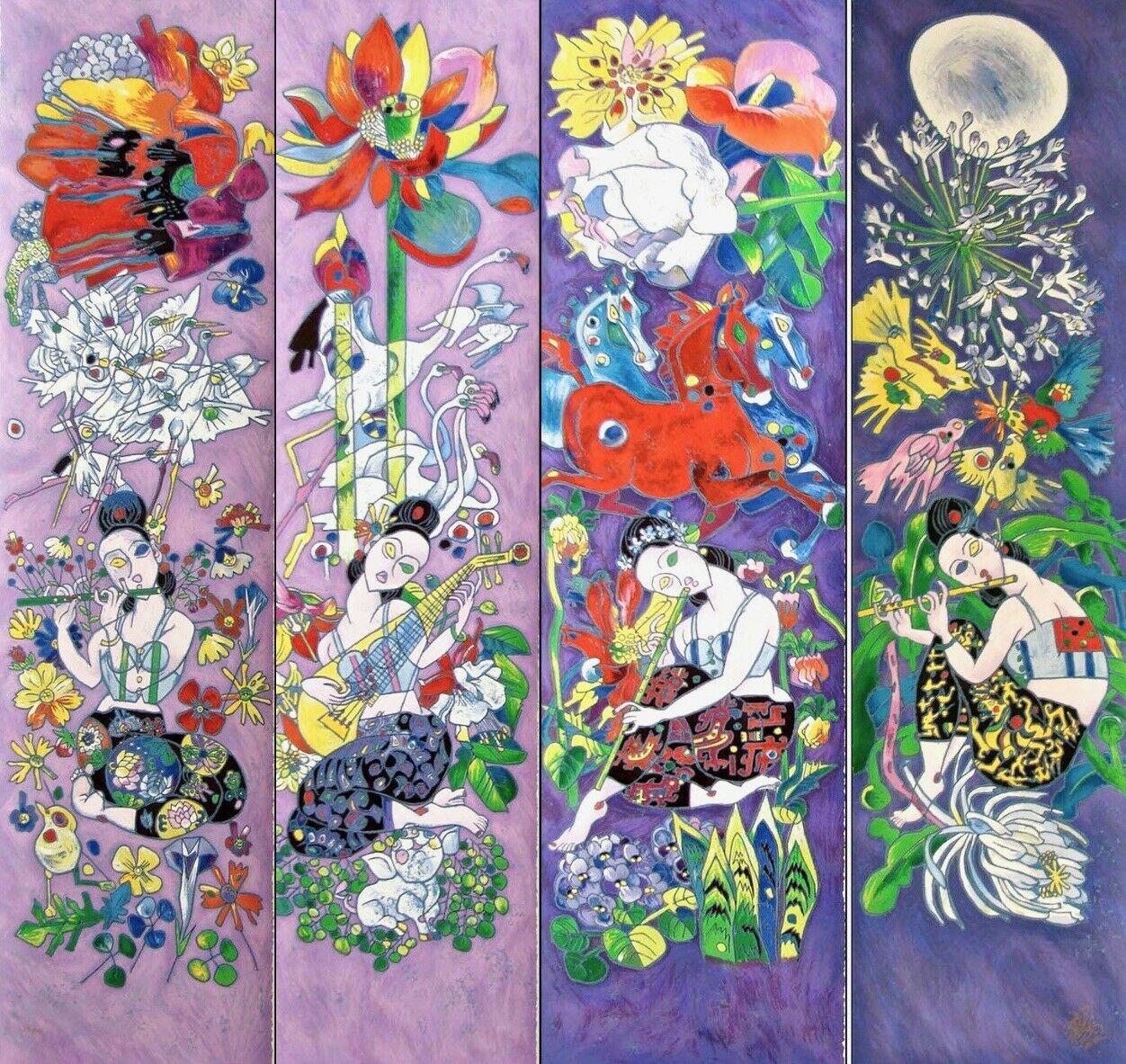 Jiang Tie Feng Animal Print - Four Songs of Spring, Limited Edition Silkscreen on Canvas, Jiang Tiefeng