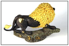 Jiang Tie Feng Golden King Lion Bronze Sculpture Signed Chinese Animal Large Art