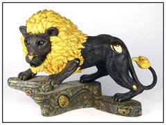Vintage Jiang Tie Feng Golden King Lion Bronze Sculpture Signed Chinese Animal Large Art