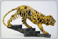 Jiang Tie Feng Golden Tiger Full Round Bronze Sculpture Signed Large Animal Art