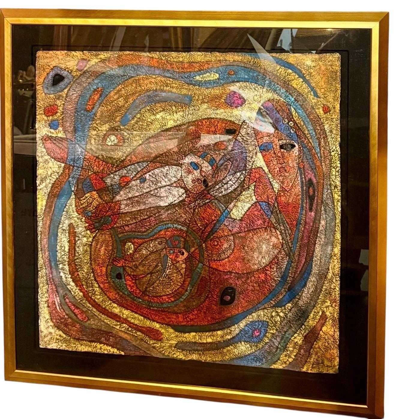 Jiang Tiefeng (China/Minnesota, 1938-) 
Mixed media gouache painting on rice paper with a gold tone
Titled: "Mother and Child II." 
Artist is identified on Dyansen Gallery label on verso. 
Provenance: Dyansen Gallery
Dimensions: Sight size: 41" high
