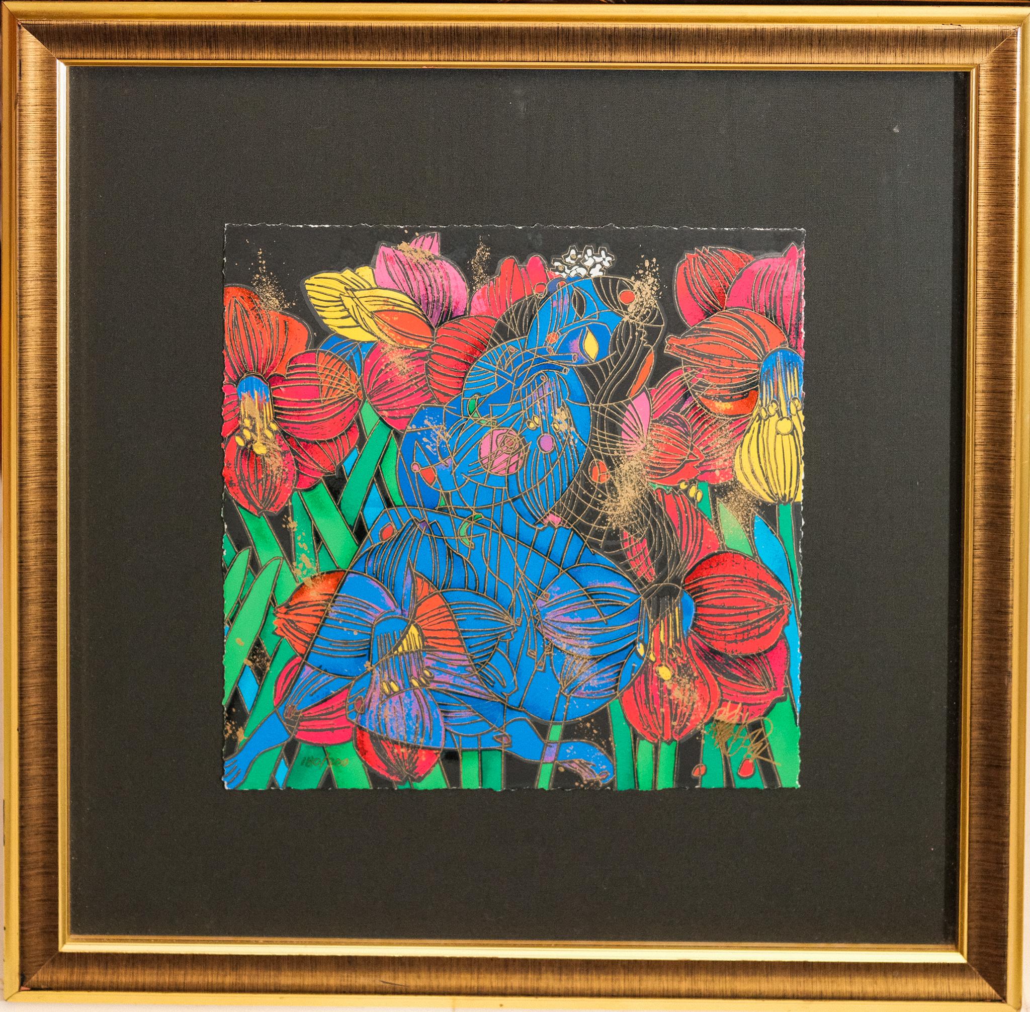 “Life” 180/300, signed color modern serigraph of abstract blue woman flowers For Sale 1