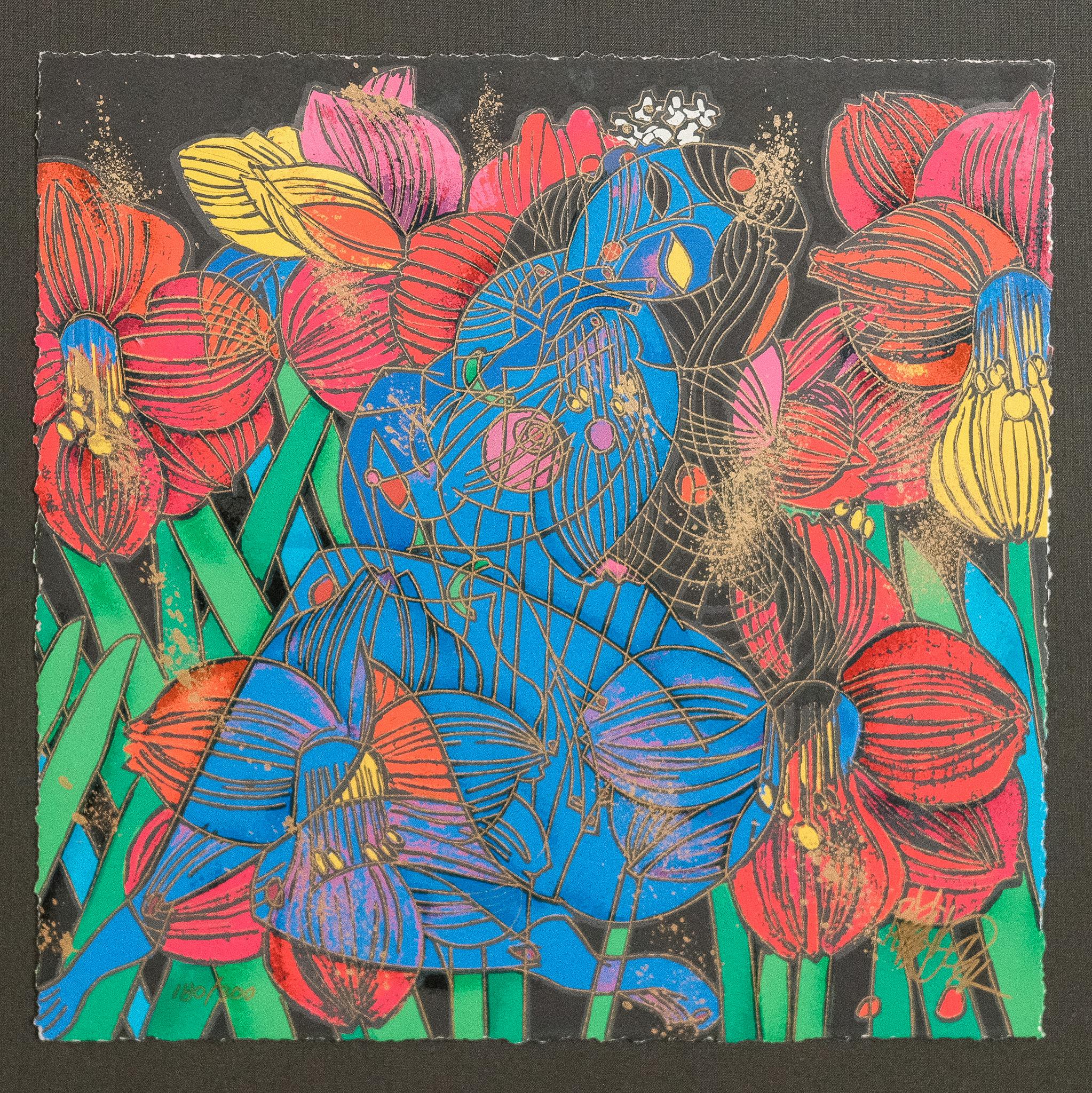 Jiang Tiefeng Portrait Print - “Life” 180/300, signed color modern serigraph of abstract blue woman flowers