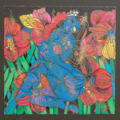 “Life” 180/300, signed color modern serigraph of abstract blue woman flowers