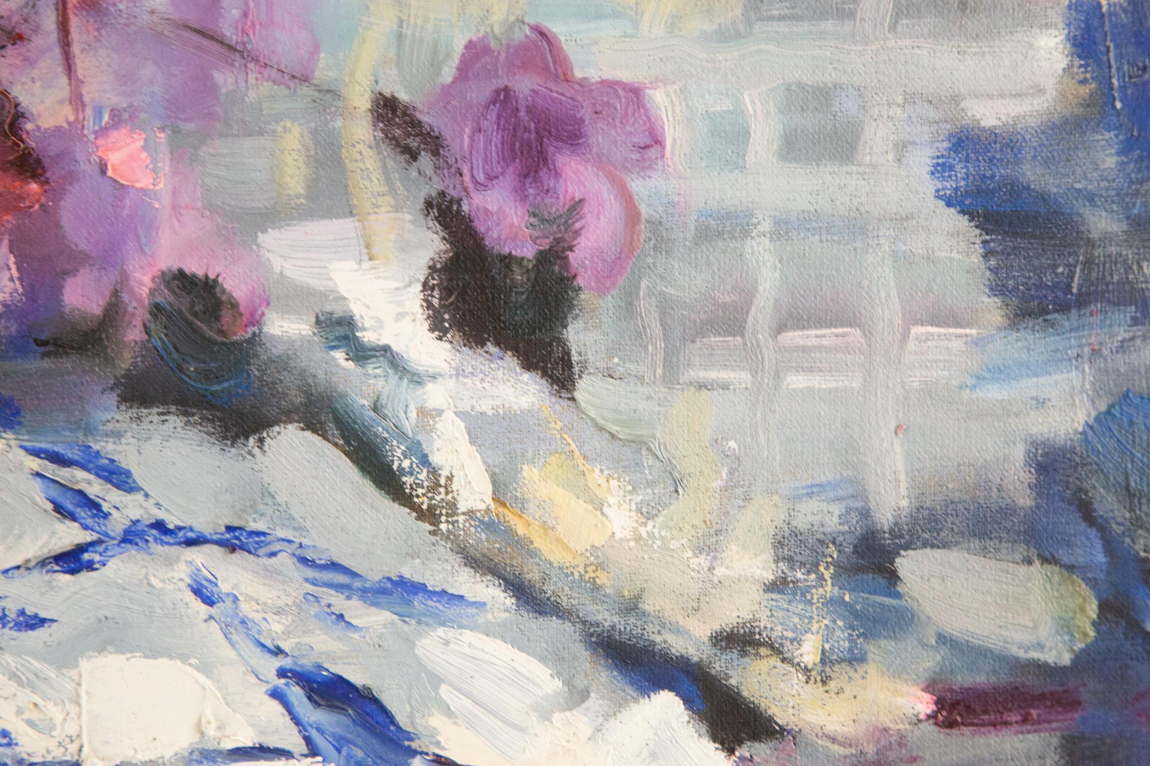Jiang ZhiJun Stillleben Original Ölgemälde auf Leinwand „Purple Flower“ im Angebot 9