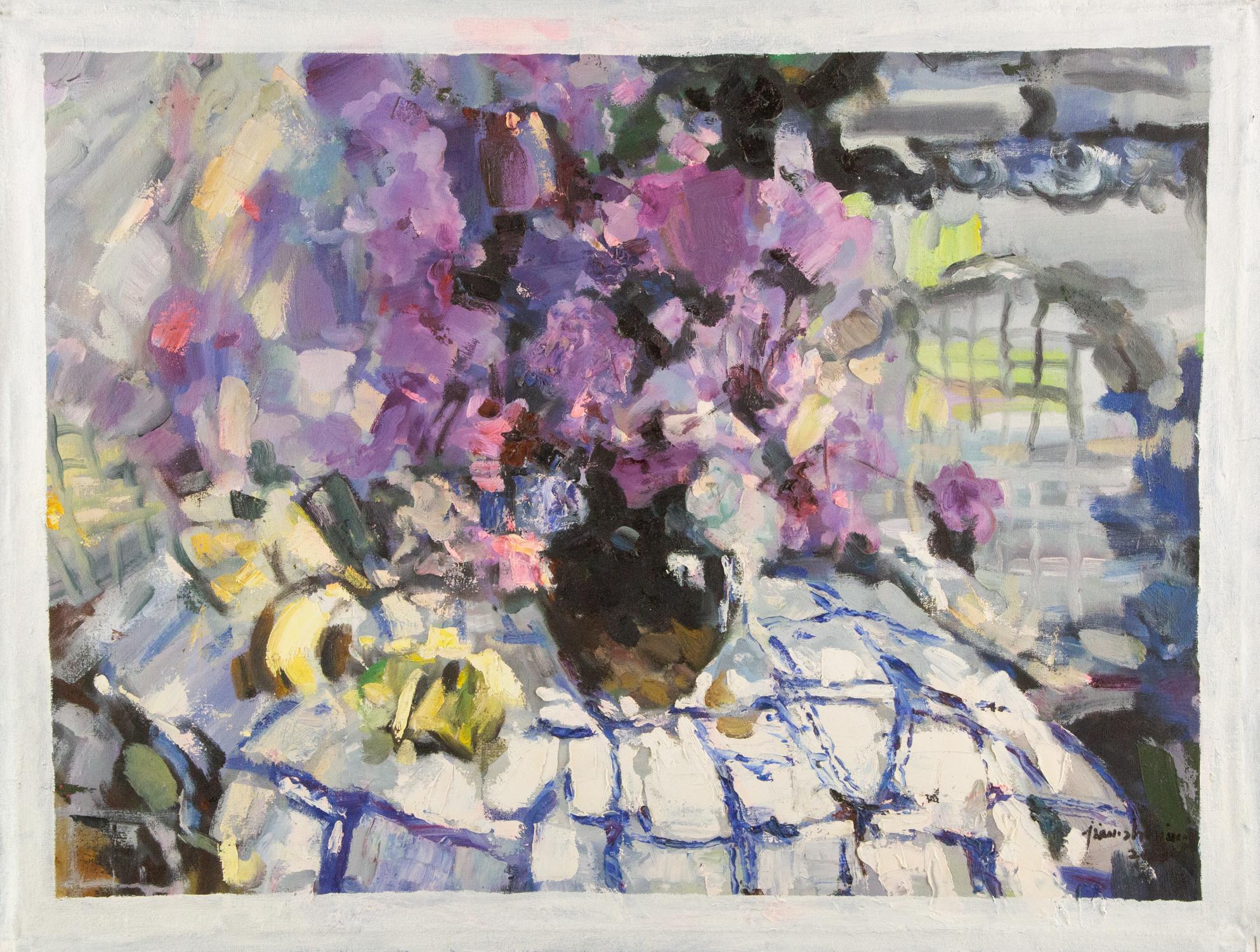 Jiang ZhiJun Stillleben Original Ölgemälde auf Leinwand „Purple Flower“ im Angebot 1