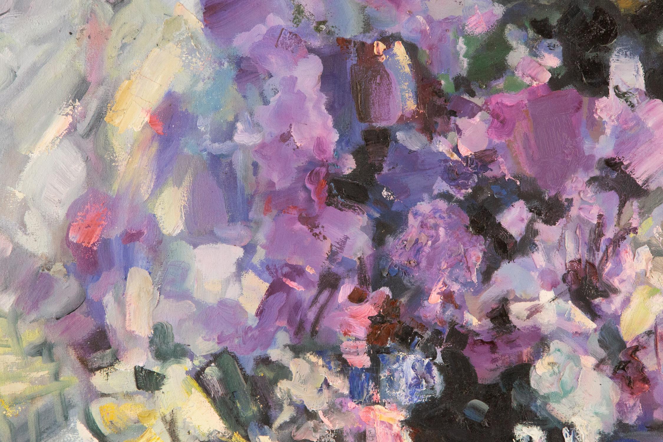 Jiang ZhiJun Stillleben Original Ölgemälde auf Leinwand „Purple Flower“ im Angebot 2