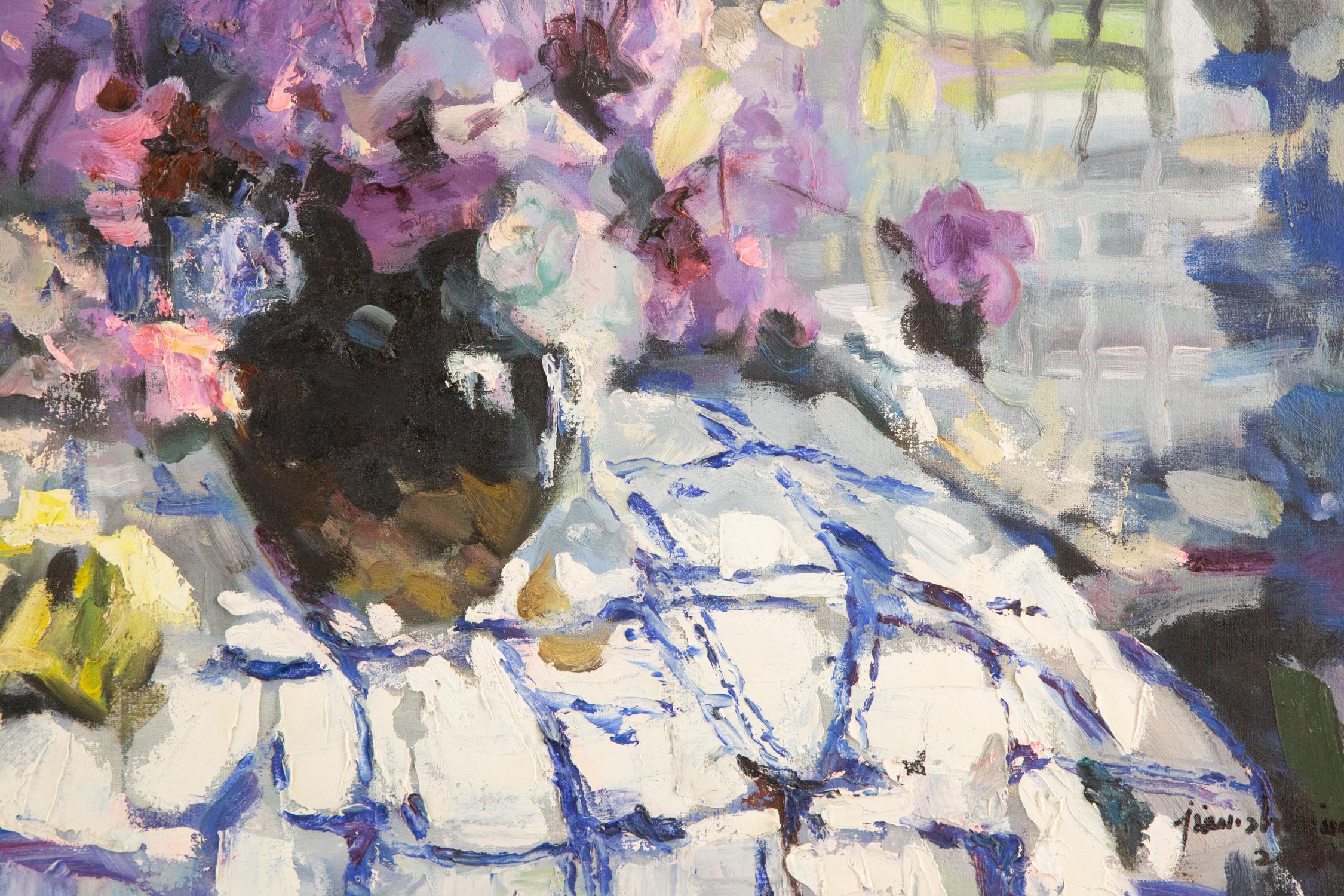 Jiang ZhiJun Stillleben Original Ölgemälde auf Leinwand „Purple Flower“ im Angebot 5