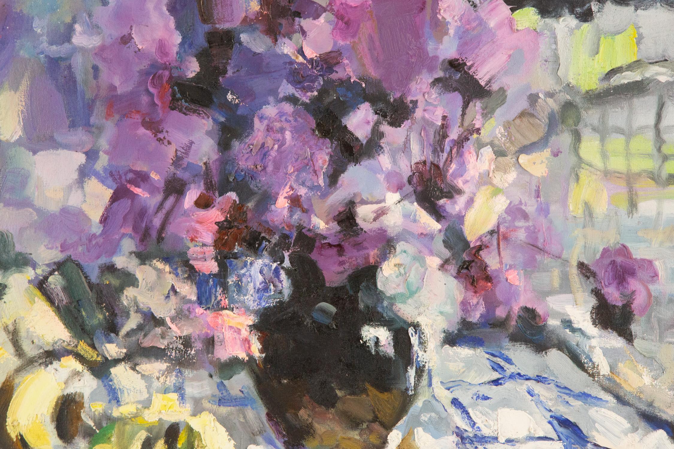 Jiang ZhiJun Stillleben Original Ölgemälde auf Leinwand „Purple Flower“ im Angebot 6