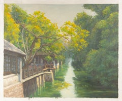 Jiangdong Li Landscape Original Oil On Canvas "Riverside Village"