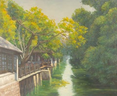 Jiangdong Li Landscape Original Oil On Canvas "Riverside Village"