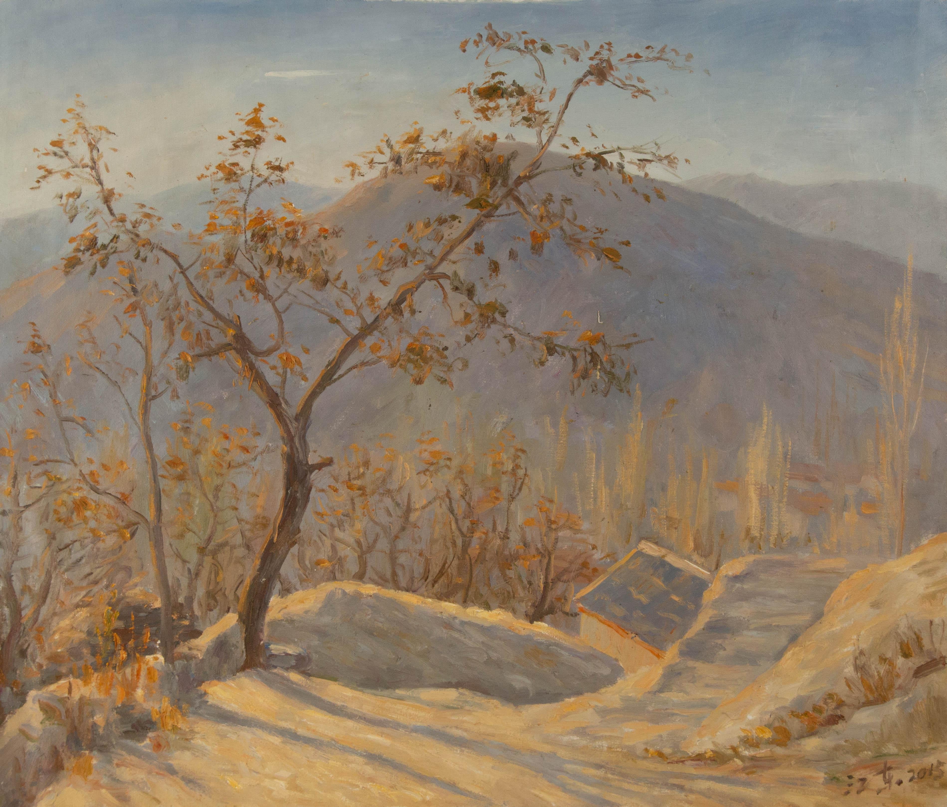  Title: Tree on Cliff
 Medium: Oil on canvas
 Size: 20 x 23.5 inches
 Frame: Framing options available!
 Condition: The painting appears to be in excellent condition.
 Note: This painting is unstretched, shipped rolled unless stretching/framing is