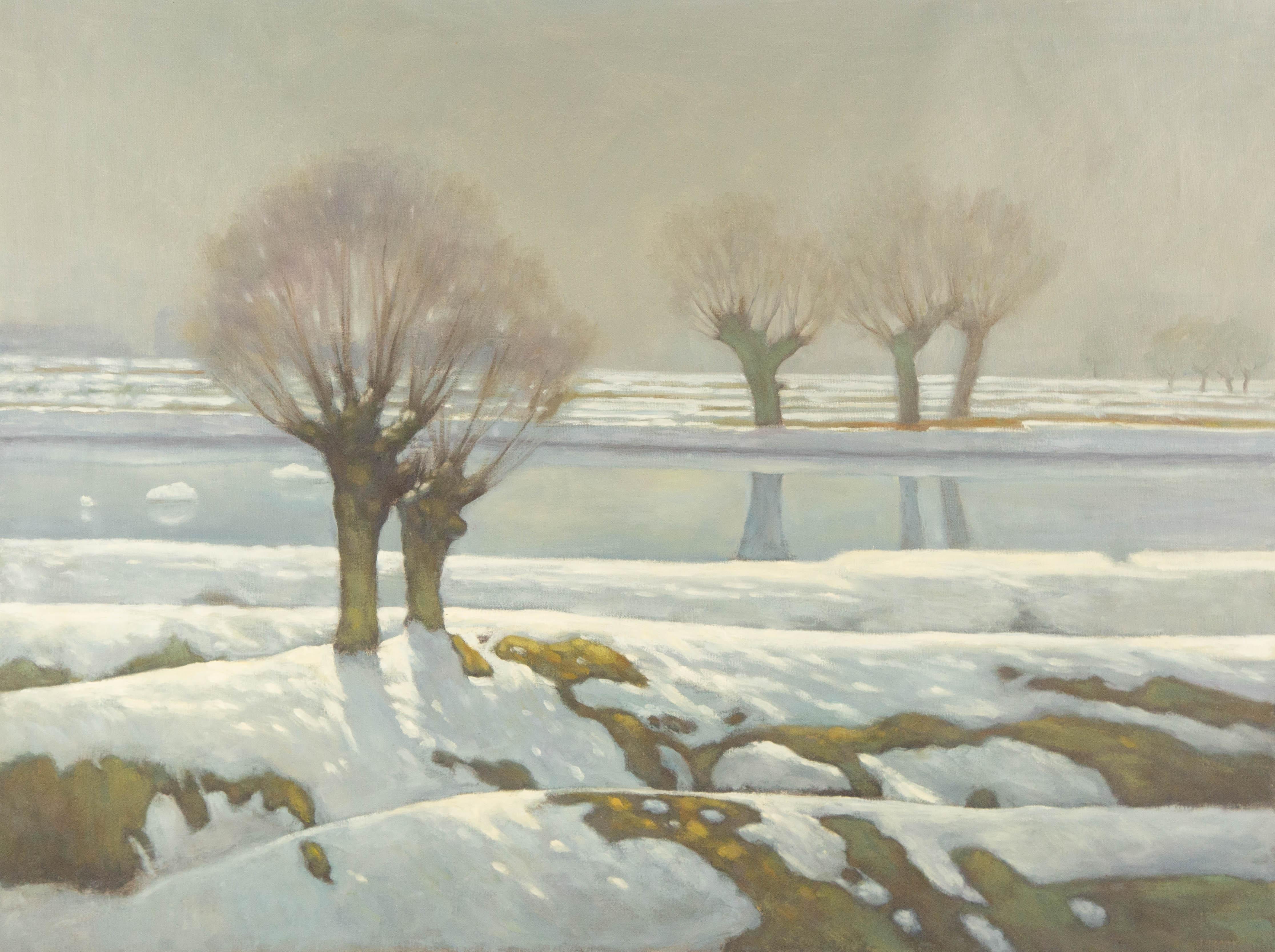 Jiangdong Li Paesaggio originale olio su tela "Fiume d'inverno"