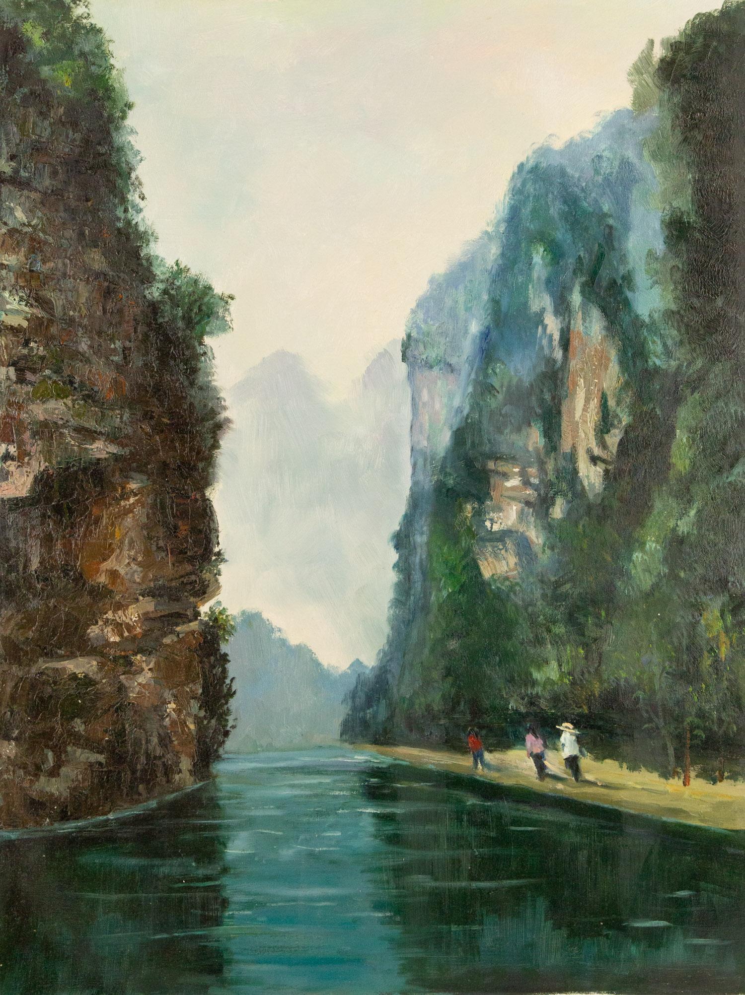 JianGuo Liu Landschaft, Original, Öl auf Leinwand, „RIver Between Mountain“