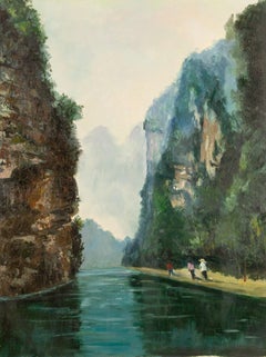 JianGuo Liu Landscape Original Oil On Canvas "RIver Between Mountain"