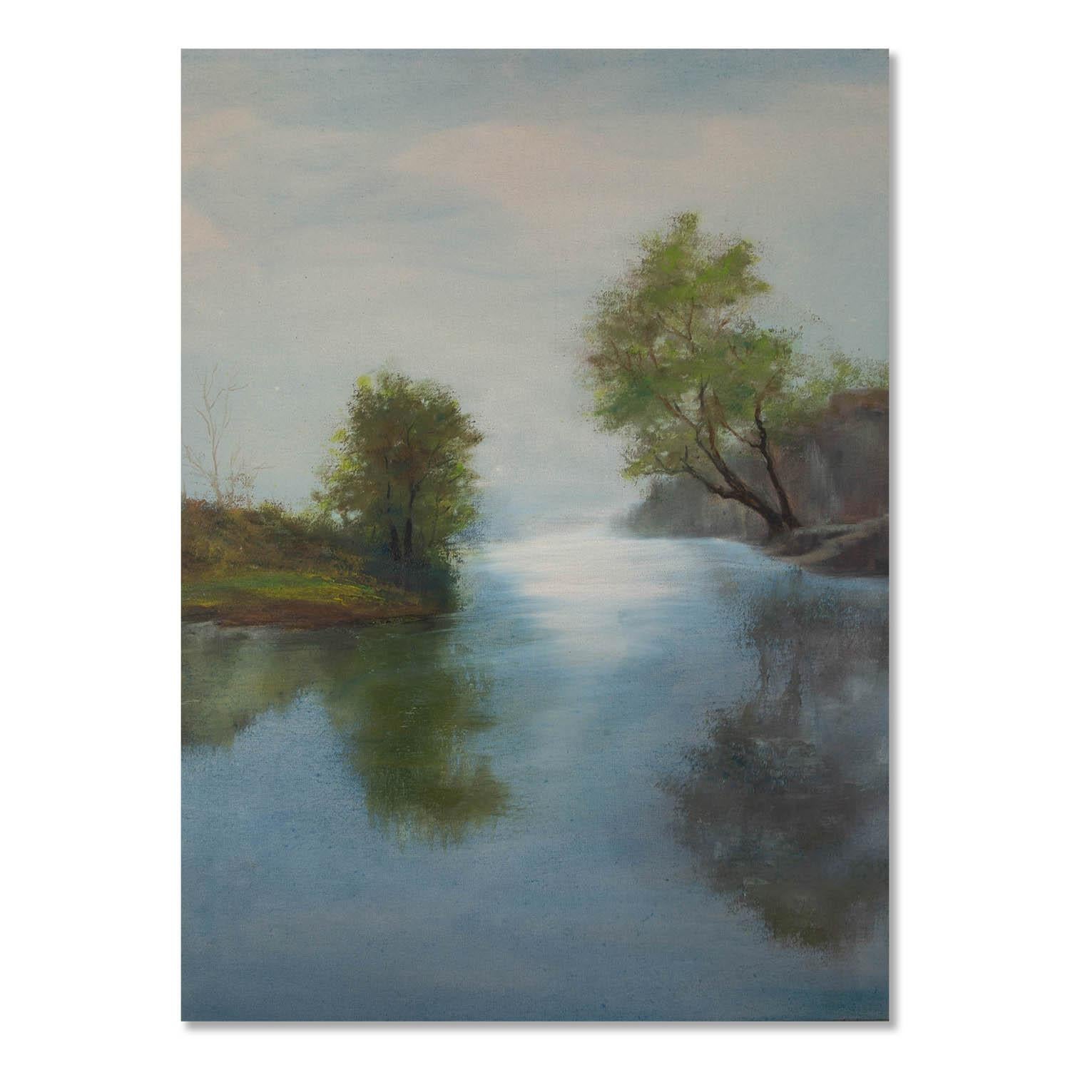  Title: Lake Reflection
 Medium: Oil on canvas
 Size: 30 x 22 inches
 Frame: Framing options available!
 Condition: The painting appears to be in excellent condition.
 
 Year: 2000 Circa
 Artist: Jianping Chen
 Signature: Signed
 Signature Location: