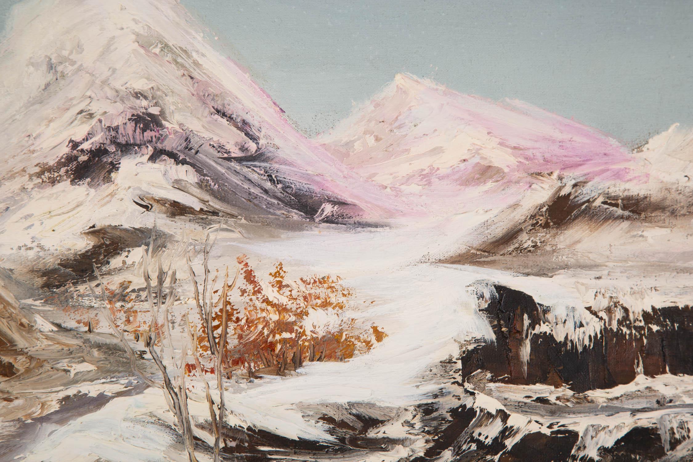  Title: Snow Mountain
 Medium: Oil on canvas
 Size: 22 x 30 inches
 Frame: Framing options available!
 Condition: The painting appears to be in excellent condition.
 
 Year: 2000 Circa
 Artist: JianPing Chen
 Signature: Signed
 Signature Location: