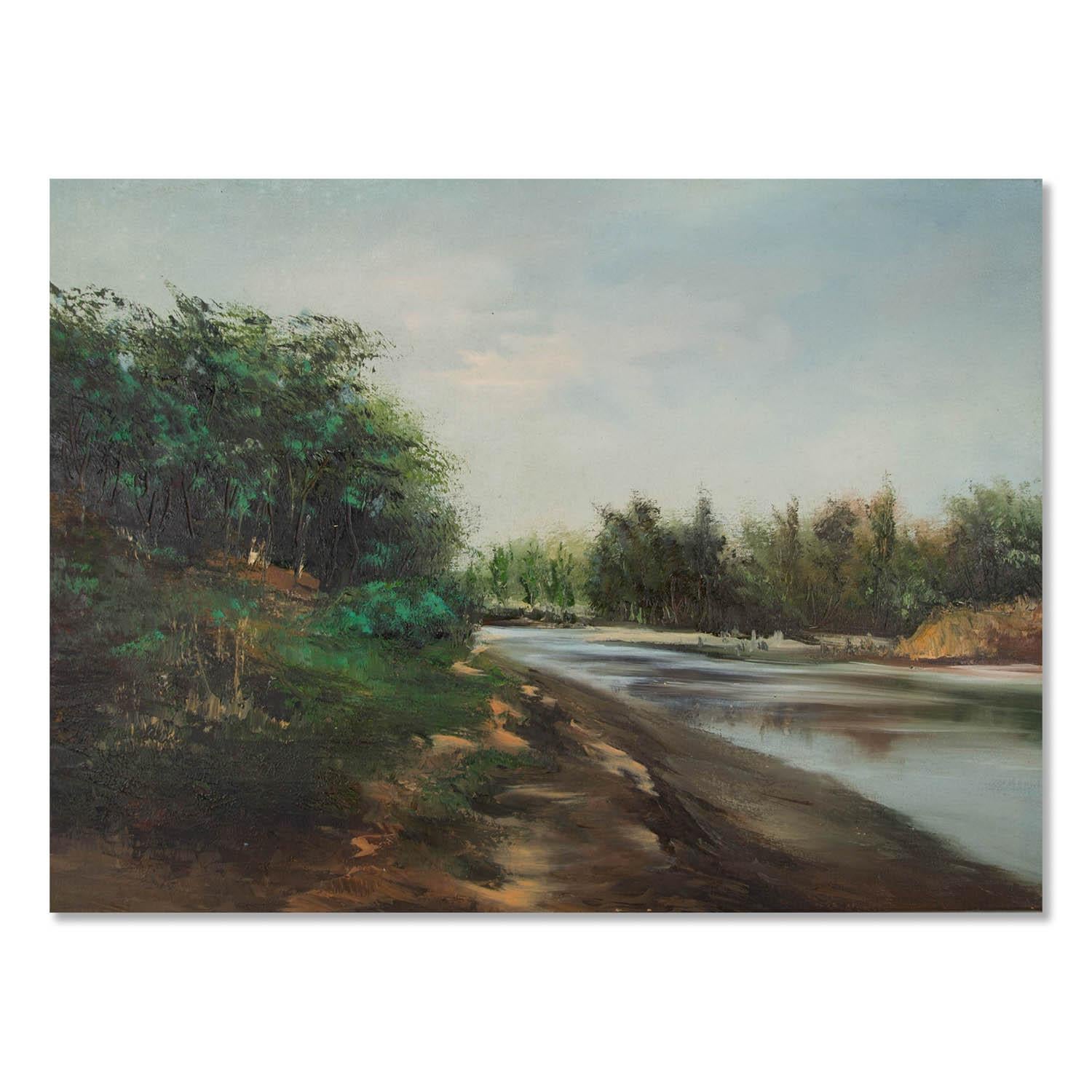  Title: Next To The River
 Medium: Oil on canvas
 Size: 22 x 30 inches
 Frame: Framing options available!
 Condition: The painting appears to be in excellent condition.
 
 Year: 2000 Circa
 Artist: JIanping Chen
 Signature: Signed
 Signature