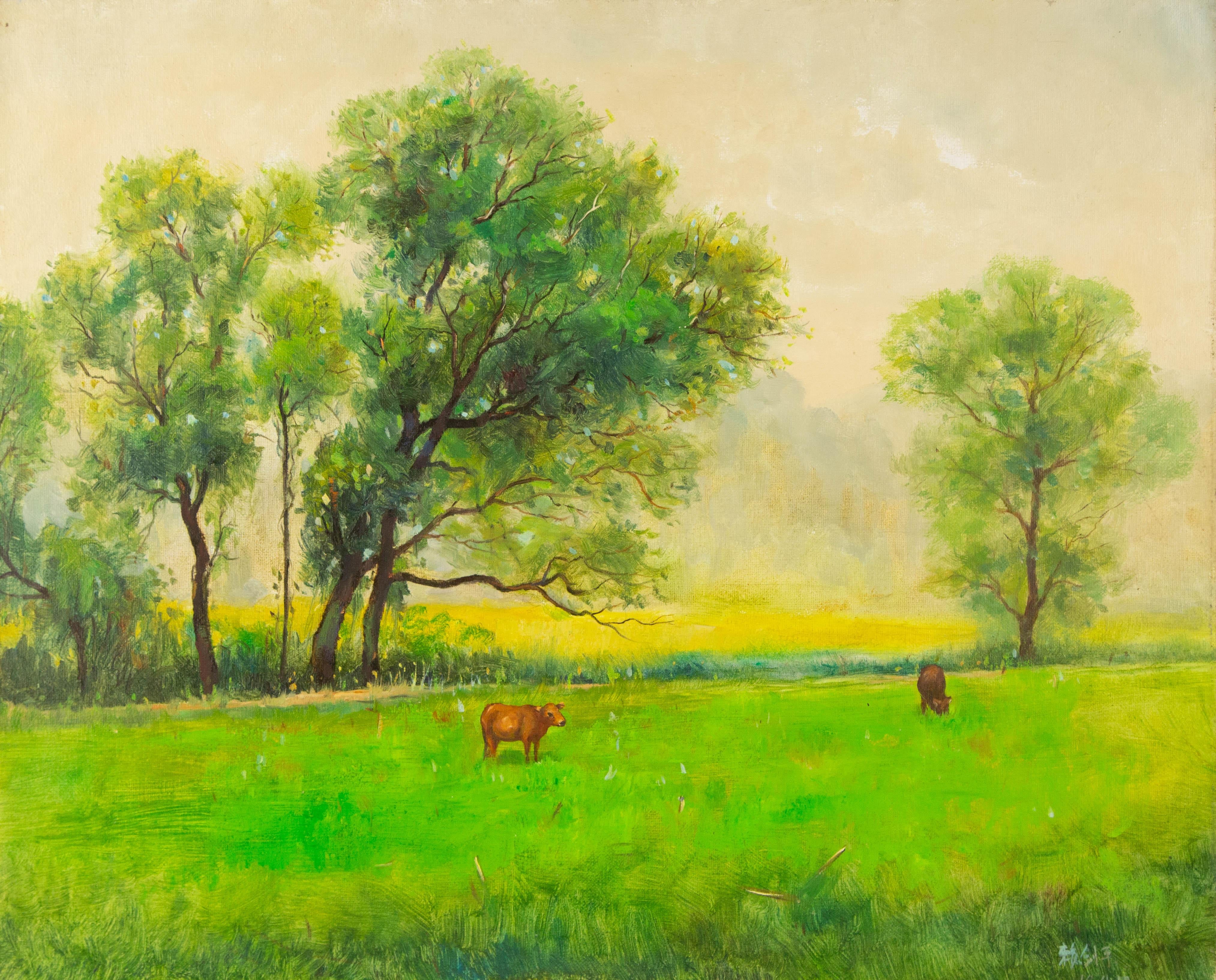 Jianping Lai Landschaft Original Öl auf Leinwand "Wiese - Feld"