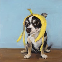 Jiao Wang Impressionist Original Oil On Canvas "Yellow Banana And Puppy"