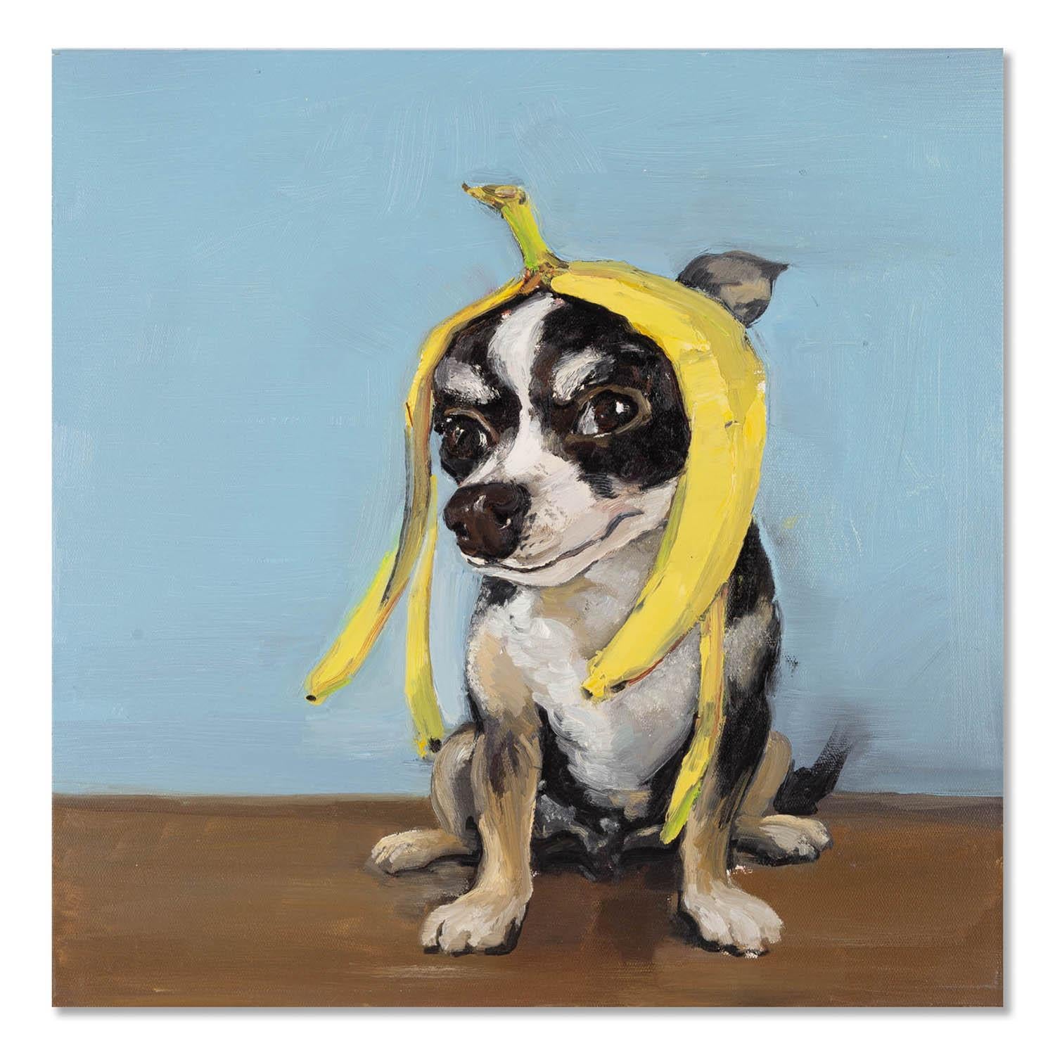  Title: Yellow Banana And Puppy
 Medium: Oil on canvas
 Size: 19 x 19 inches
 Frame: Framing options available!
 Condition: The painting appears to be in excellent condition.
 
 Year: 2000 Circa
 Artist: Jiao Wang
 Signature: 
 Signature Location: 
