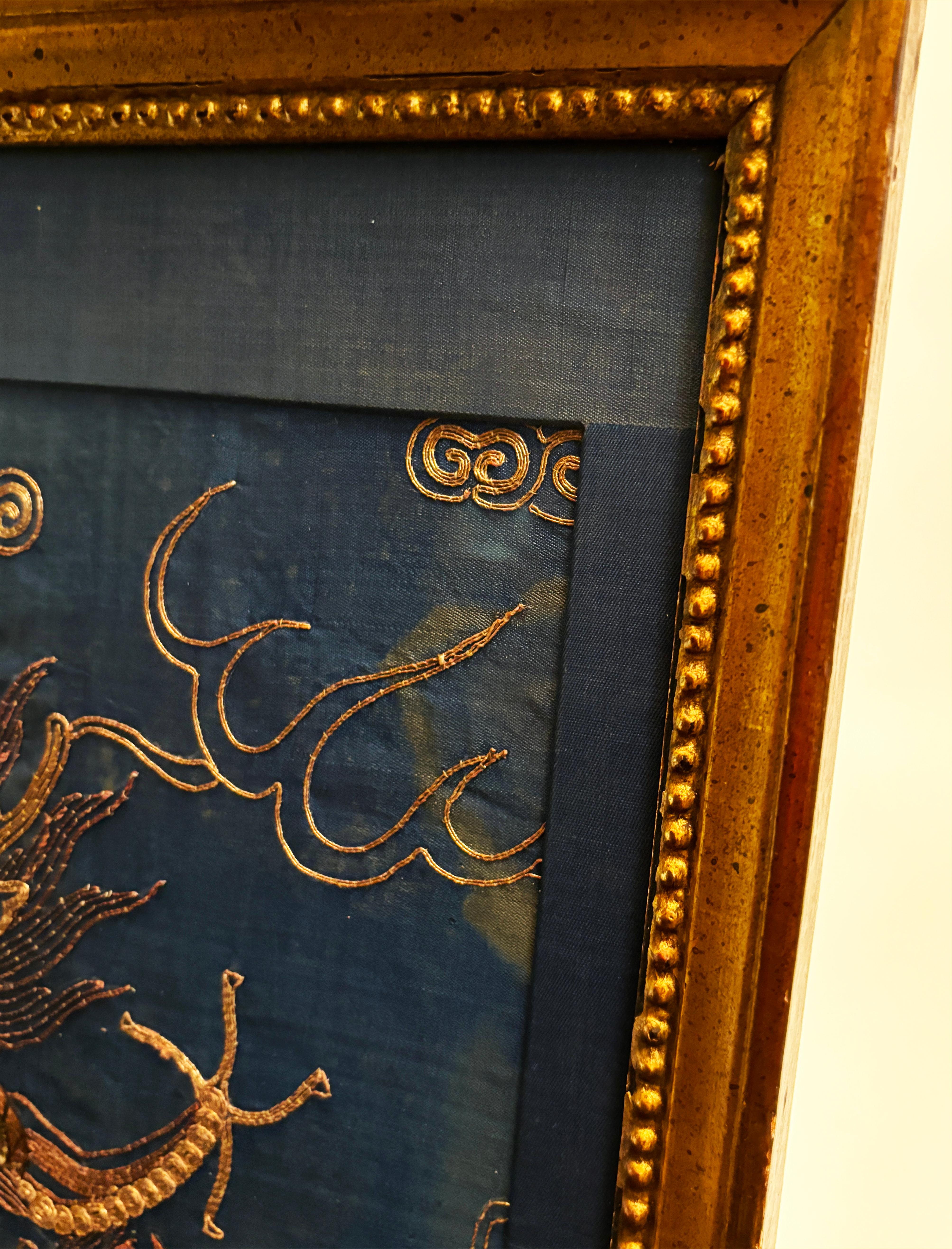 Jiaqing period, 1796–1820 Four-Clawed Gold Couched Dragon Framed Art In Good Condition For Sale In Louisville, KY