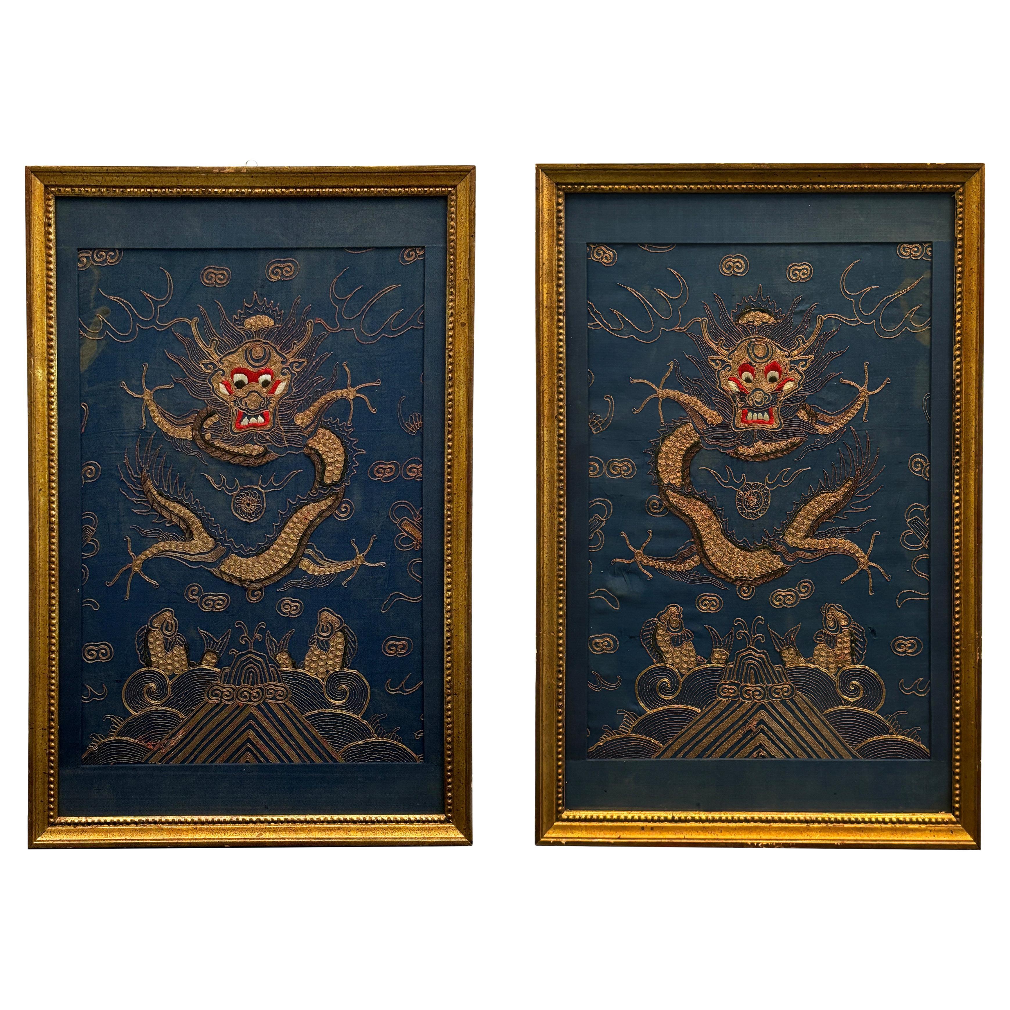 Jiaqing period, 1796–1820 Four-Clawed Gold Couched Dragon Framed Art For Sale
