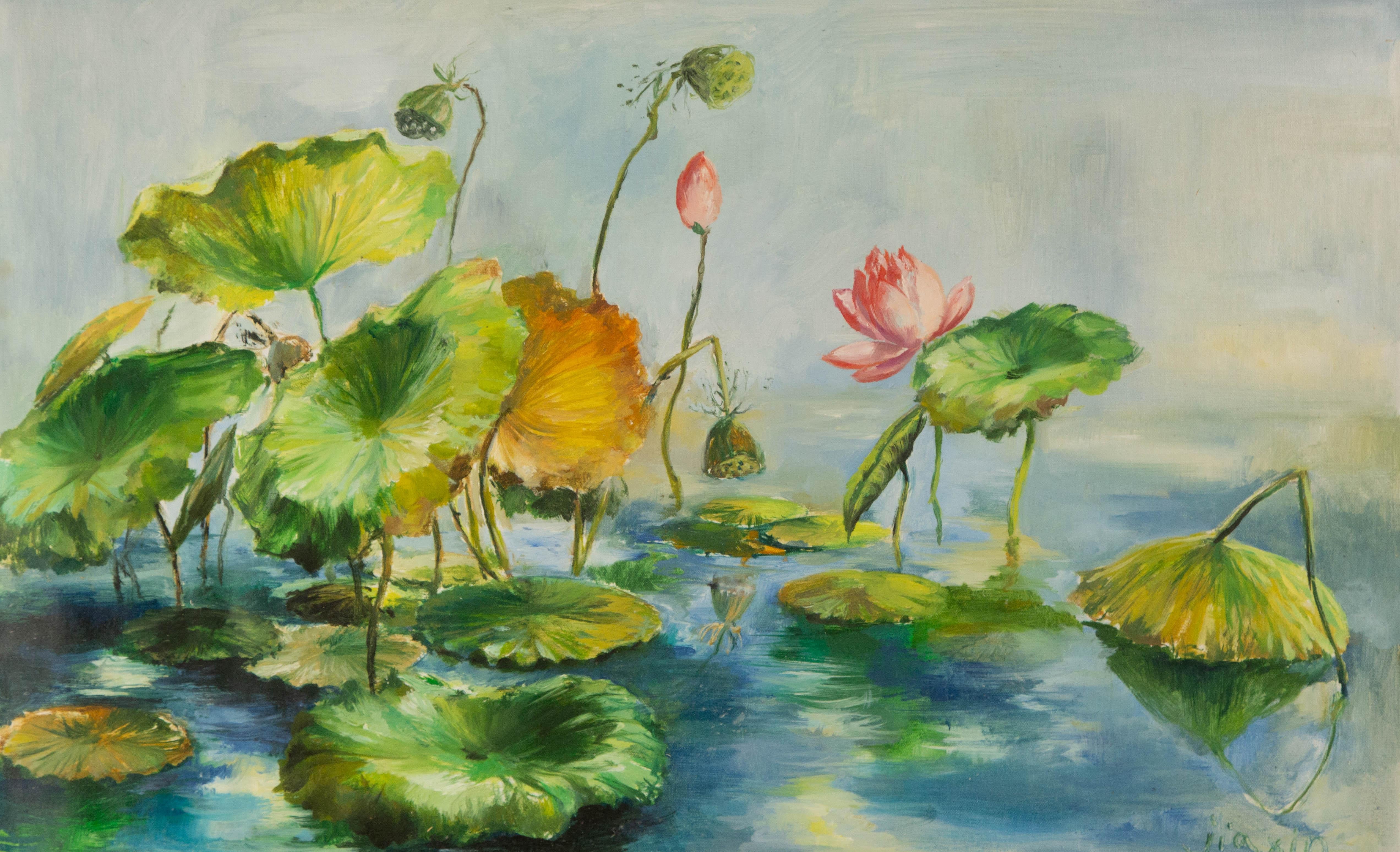 Jiaxin Luo Floral Original Oil On Canvas "Lotus"