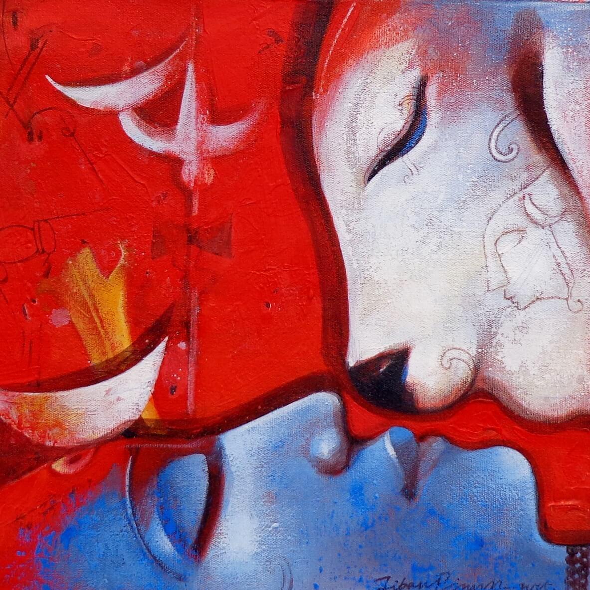 Jiban Biswas Figurative Painting - Nandi-1, Acrylic on Canvas, Red, Blue Color by Contemporary Artist "In Stock"
