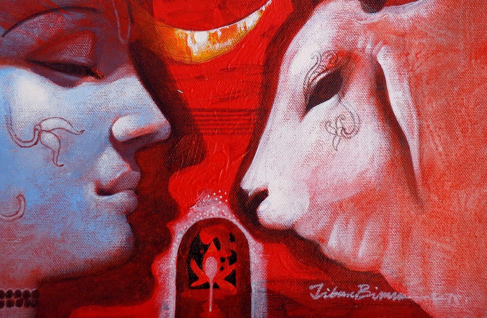 Jiban Biswas Figurative Painting - Nandi-2, Acrylic on Canvas, Red, Blue Color by Contemporary Artist "In Stock"