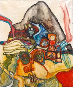 French Jewish Post Holocaust Abstract Painting Manner of Hundertwasser Art Brut