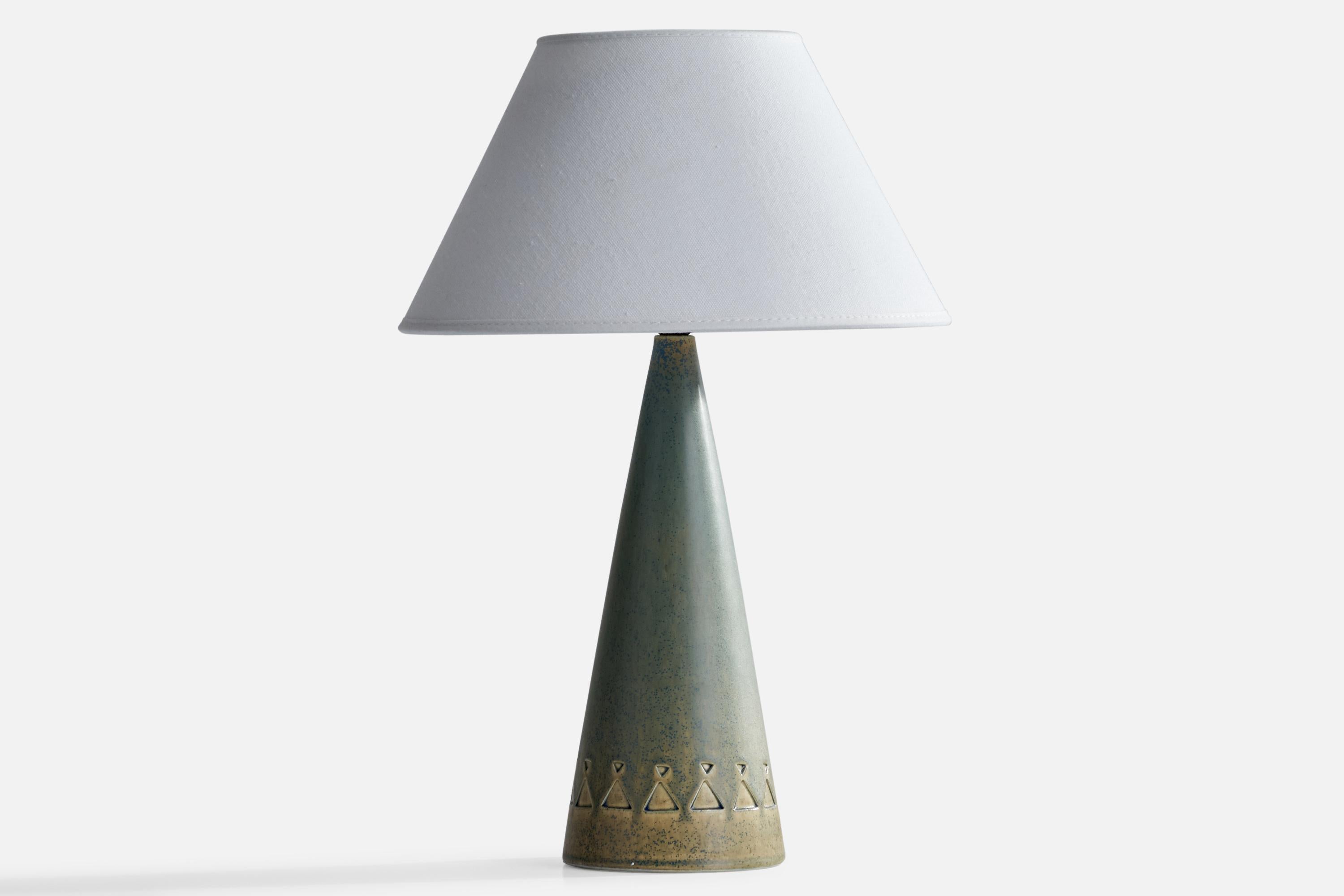 A grey blue-glazed ceramic table lamp designed and produced by Jie Gantofta, Sweden, 1970s.

Dimensions of Lamp (inches): 12” H x 4” Diameter
Dimensions of Shade (inches): 4.5”  Top Diameter x 9.75”  Bottom Diameter x 5.5” H
Dimensions of Lamp with