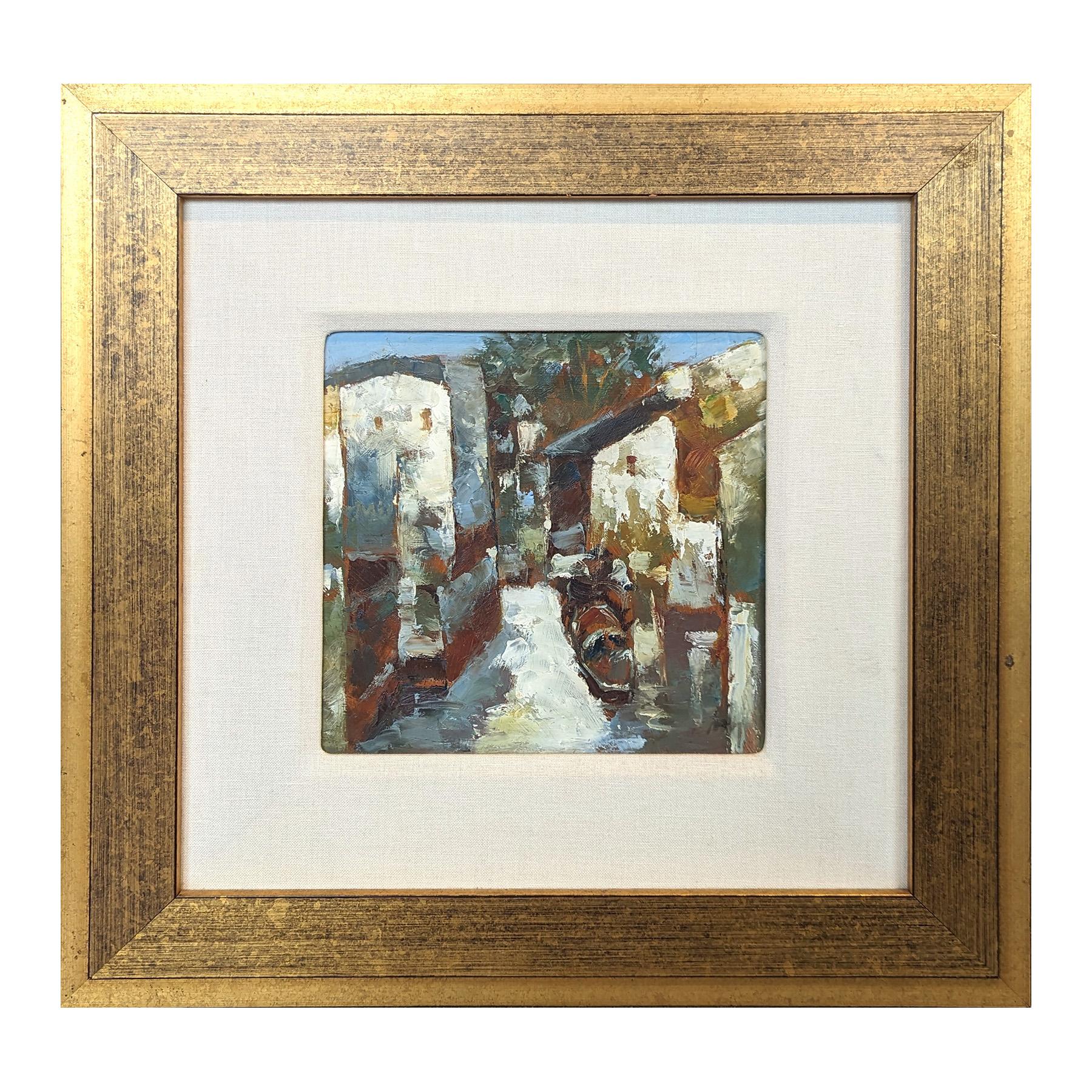 
Modern abstract Cubist inspired city landscape painting. The work features a city rendered in neutral tones with a bright blue sky in the background. Currently hung in a clean, gold frame with an off-white matting. Stamped on the reverse with the