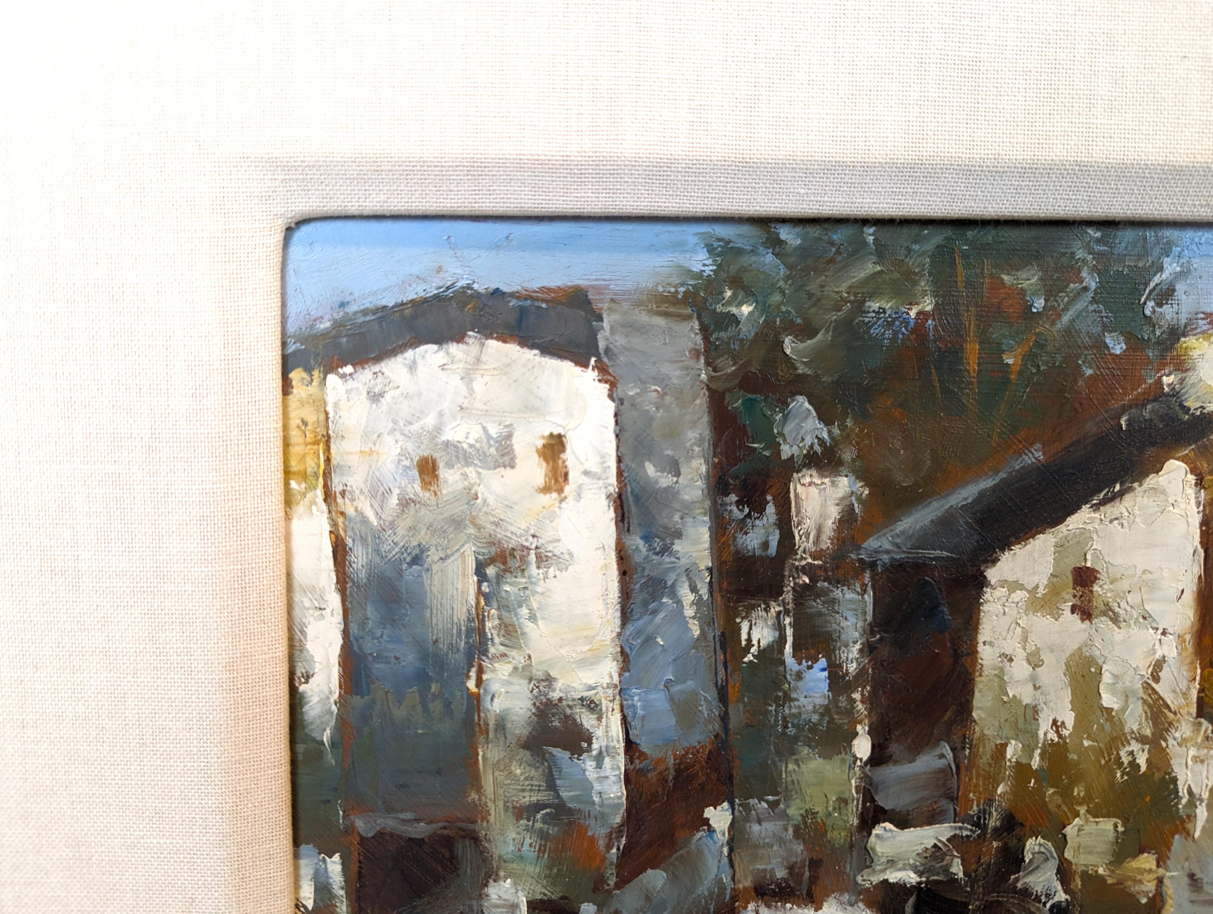 The Moderns Neutral Toned Abstract Cubist City Landscape Oil Painting (peinture à l'huile) en vente 2