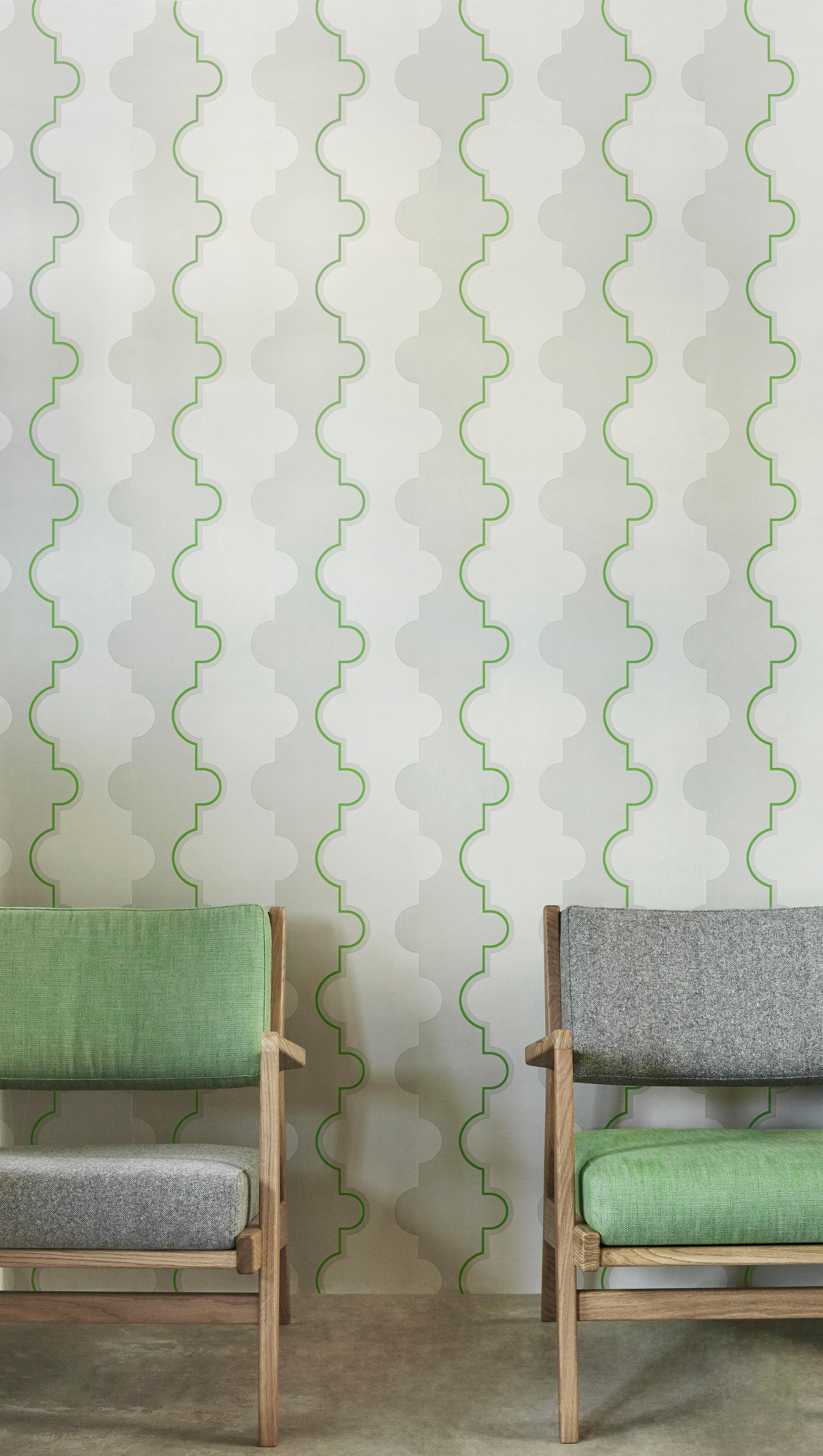 Colour: Green (also available in Pink)
Trim width 52cm/20.5 inches
Roll length 10m
Pattern repeat: Straight
Match length 26cm / 10.2 inches.

Please get in contact to order a sample.

This fabulous large scale geometric stripe features a soft stone