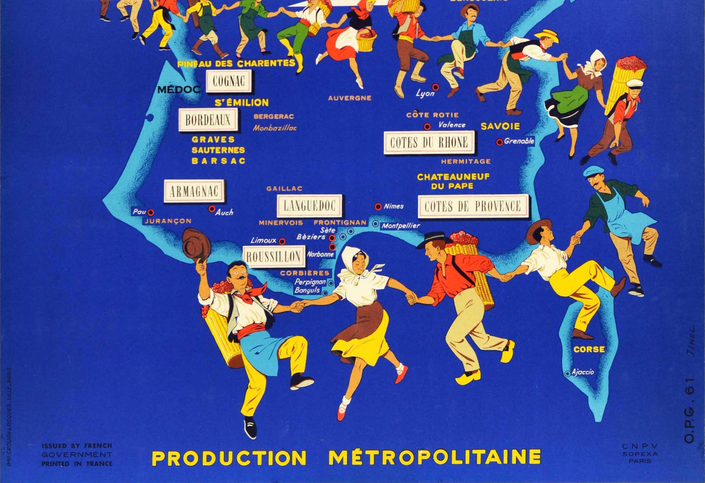 Affiche rétro originale, Les Vignobles de France, Carte des vignobles, Carte du vin, Logo Cockerel - Bleu Print par Jihel