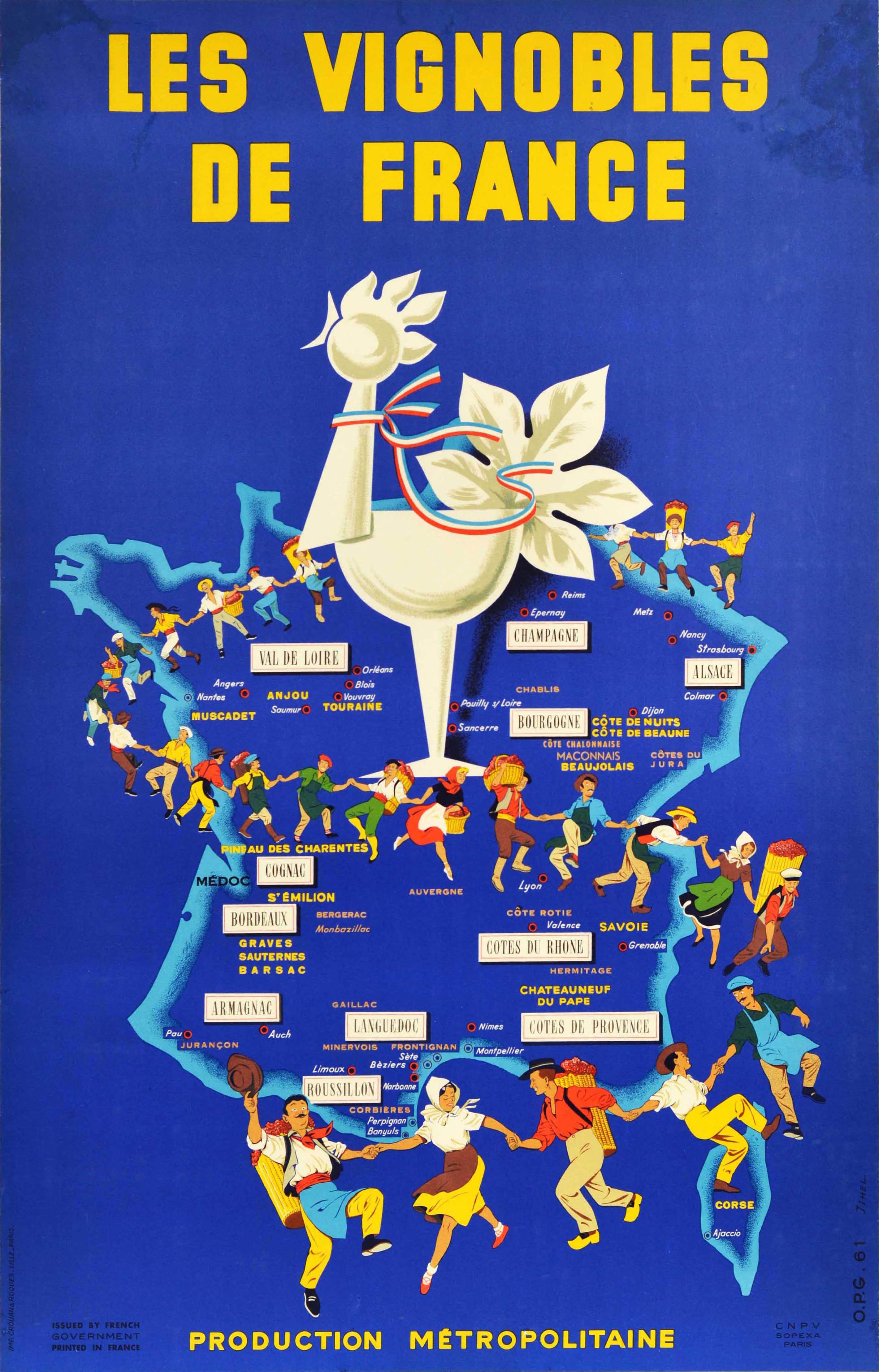 Print Jihel - Affiche rétro originale, Les Vignobles de France, Carte des vignobles, Carte du vin, Logo Cockerel