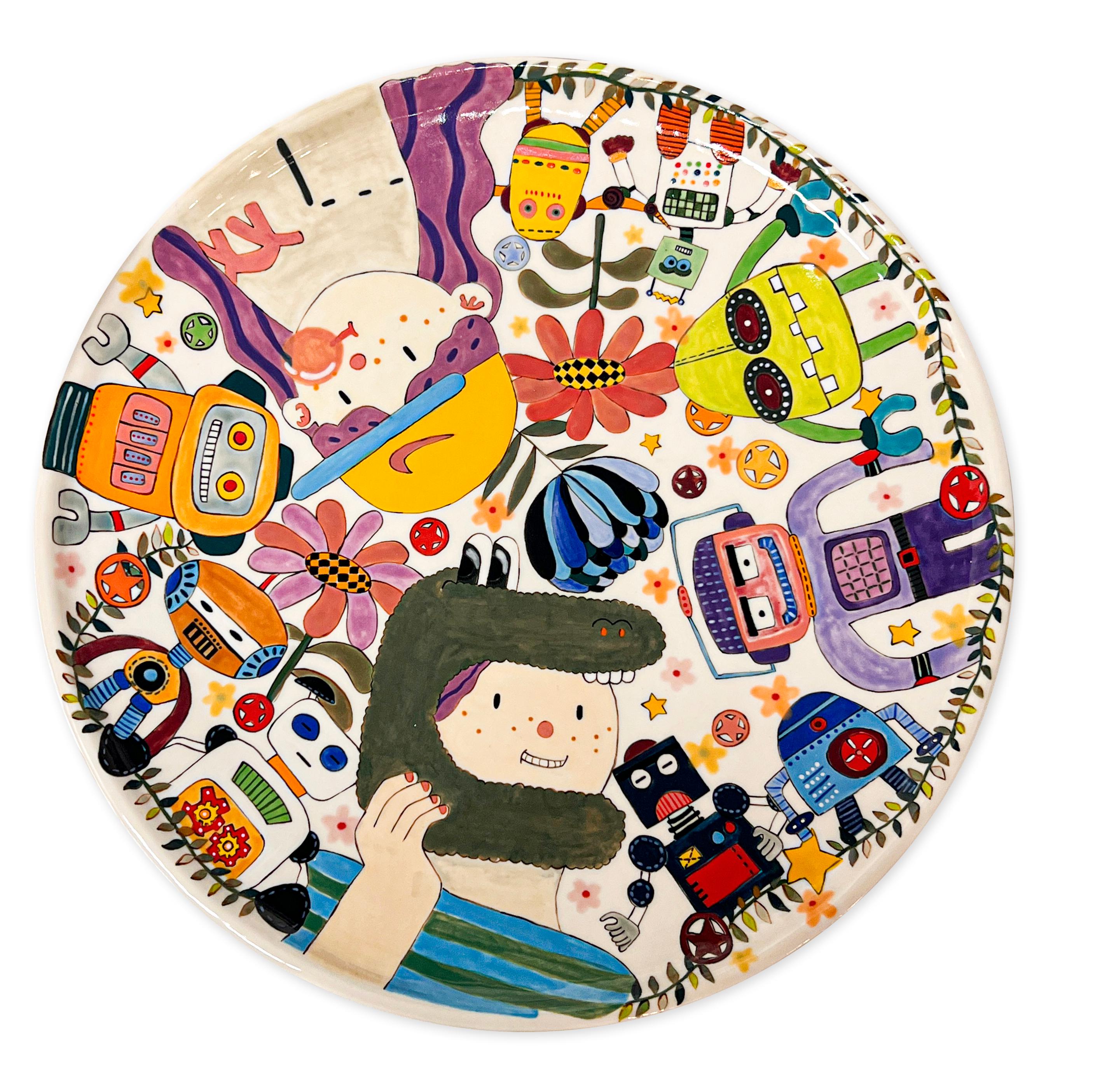 "A World of Its Own" Large Porcelain Plate with Colorful Figurative Elements - Sculpture by Jihye Han