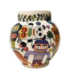 "I am not a Robot" Small White Porcelain Jar with Abstract Figurative Robots