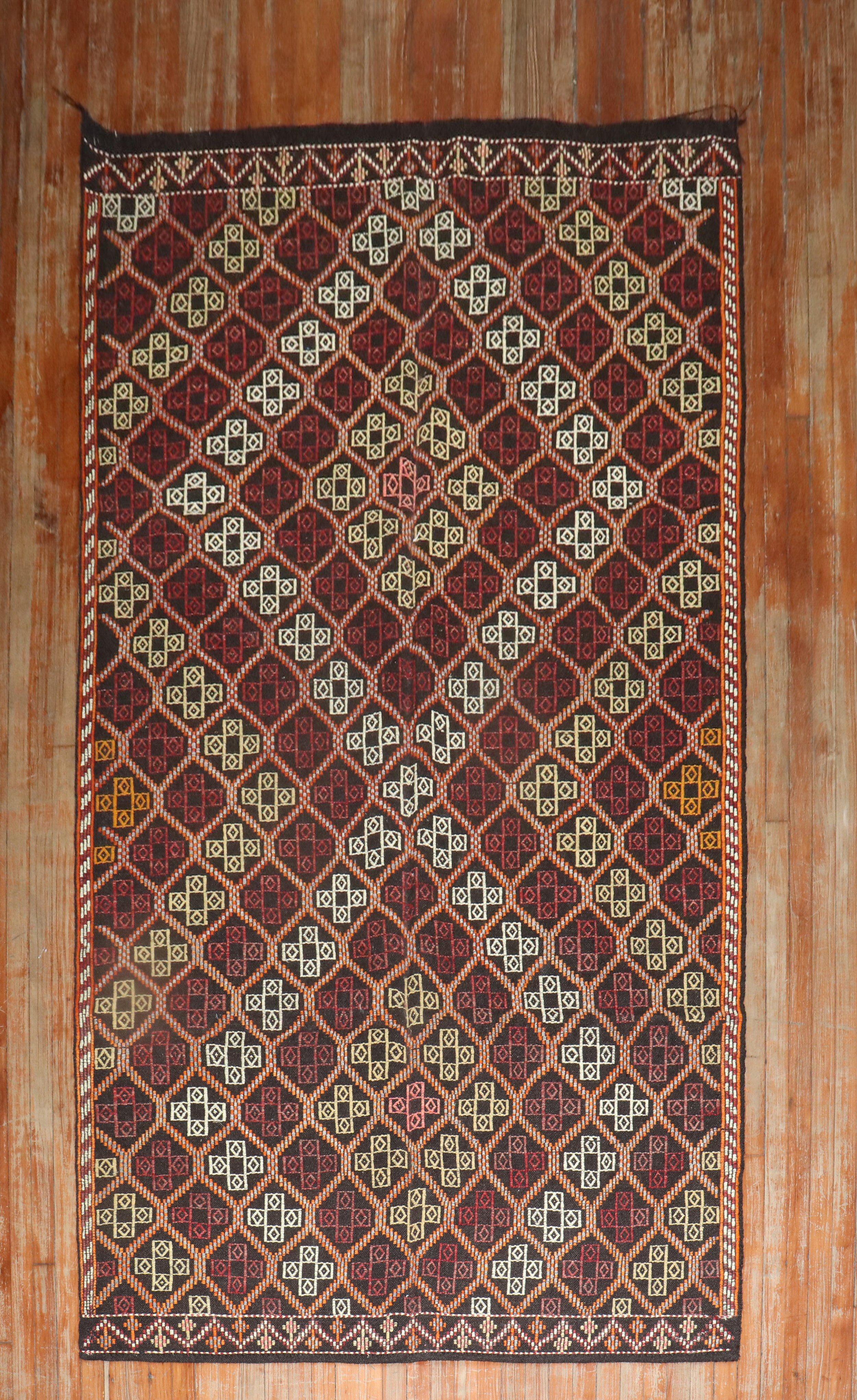 Mid-20th Century Tribal Turkish Jajim kilim in dark colors

Measures: 5'4” x 10'2”

With the Jijim weaving technique, different colored threads are applied between the weft and warp threads, on the reverse of the weave. It is often used to