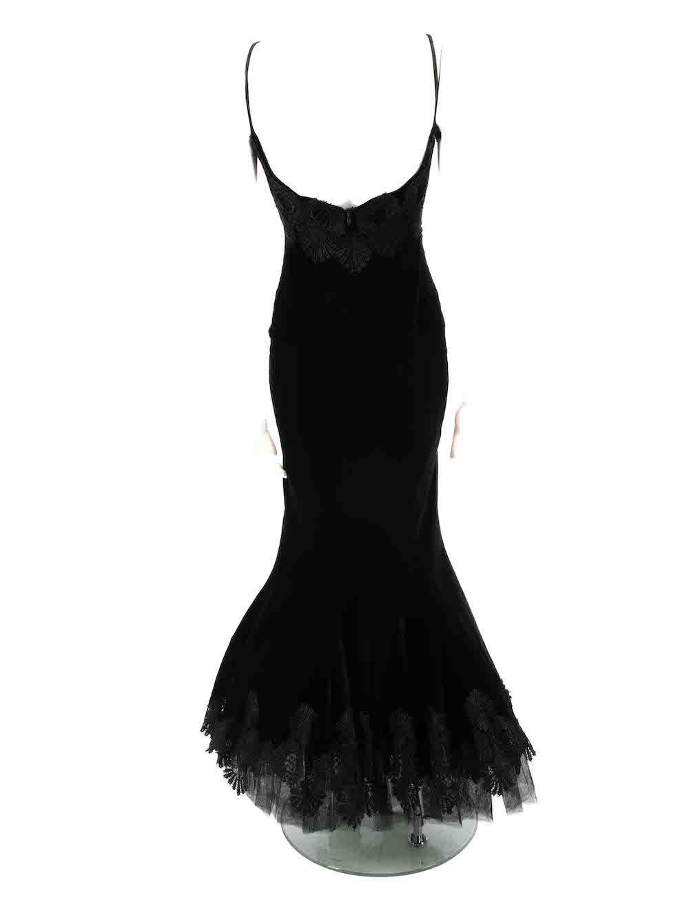 Jiki Monte Carlo Black Velvet Lace Trim Maxi Gown Size M In Good Condition For Sale In London, GB