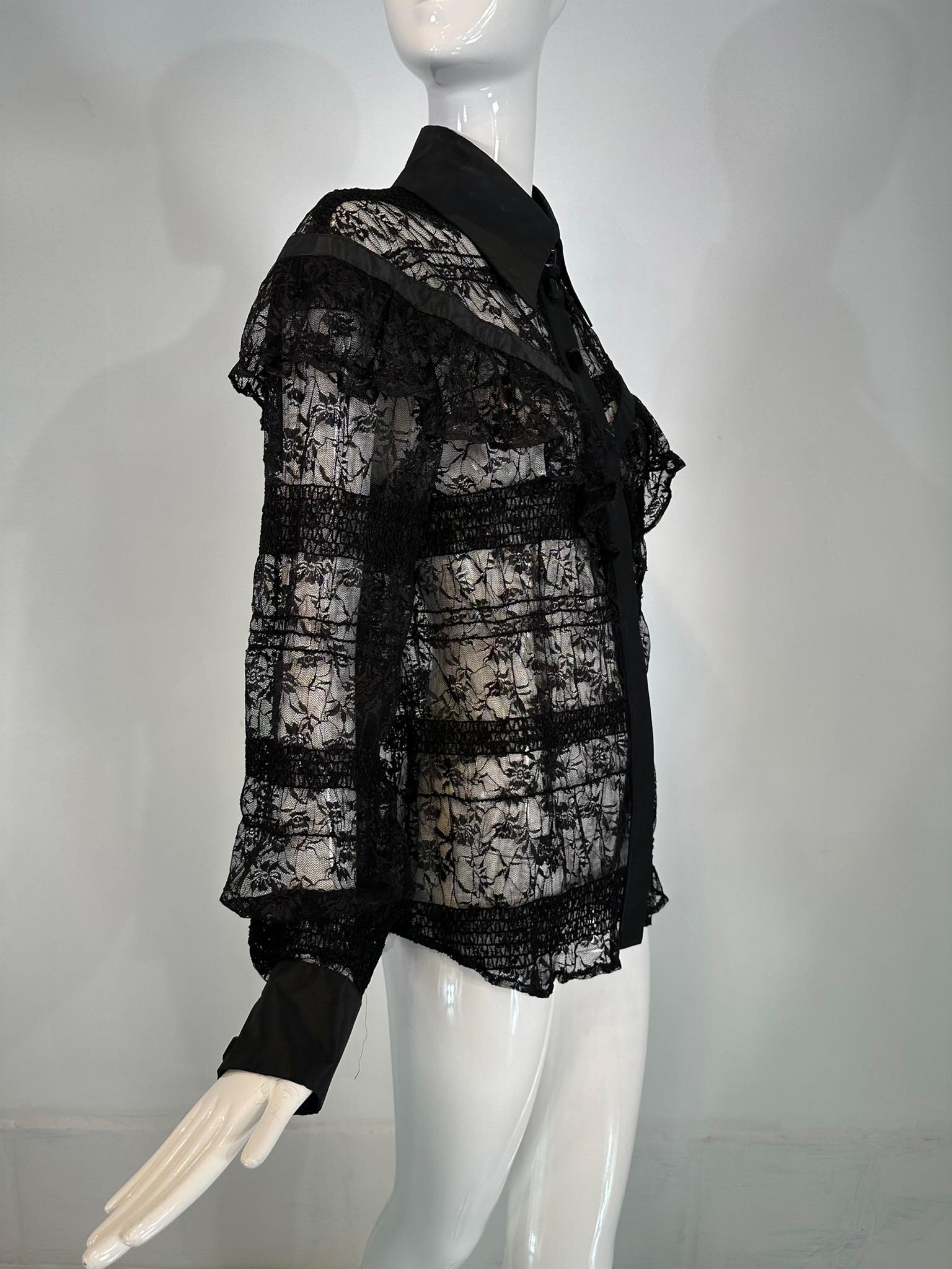Jiki Monte Carlo Creations Sheer Black Lace with Sequins Ruffle Yoke Blouse EU46 In Good Condition For Sale In West Palm Beach, FL