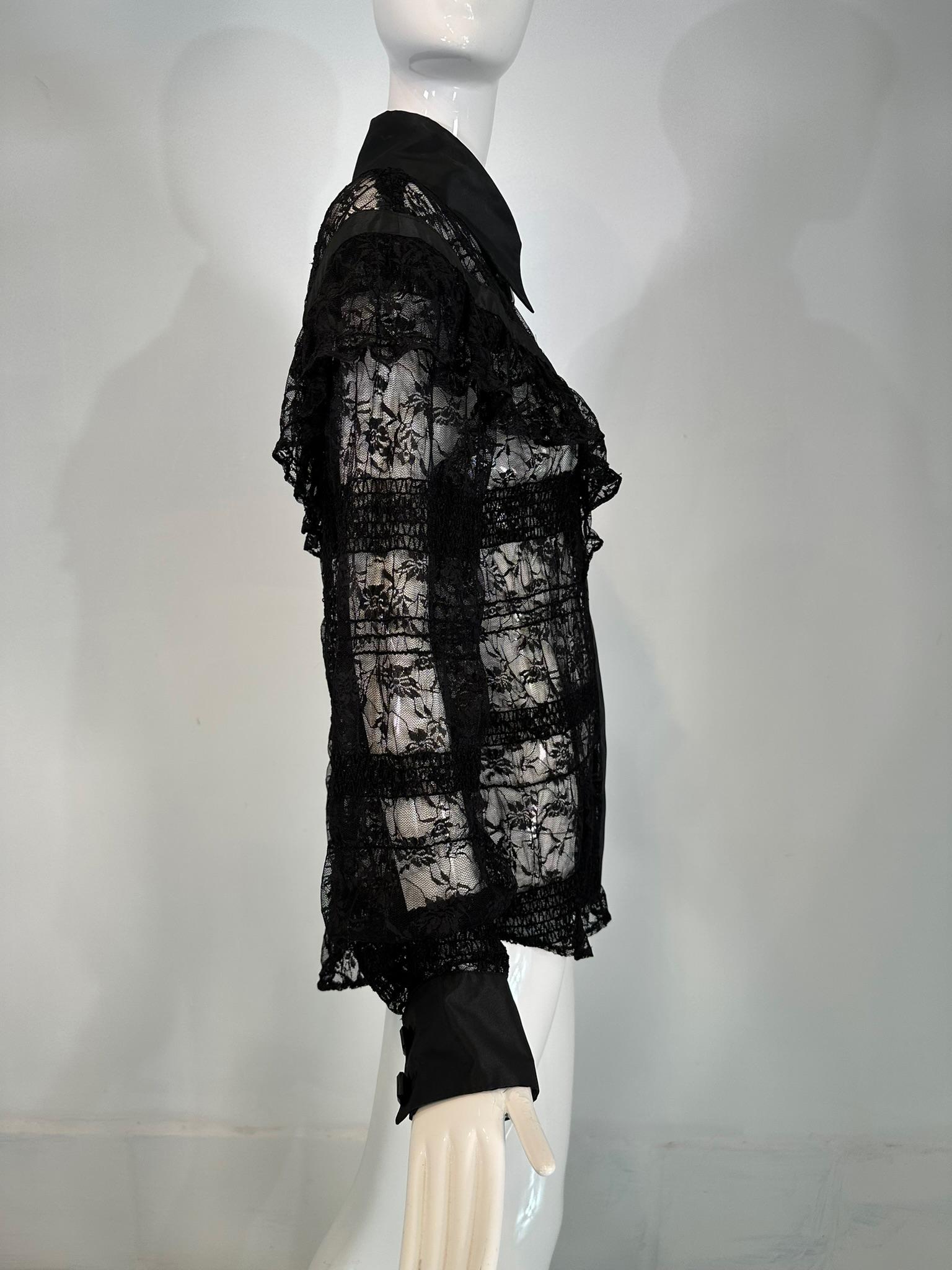 Women's Jiki Monte Carlo Creations Sheer Black Lace with Sequins Ruffle Yoke Blouse EU46 For Sale