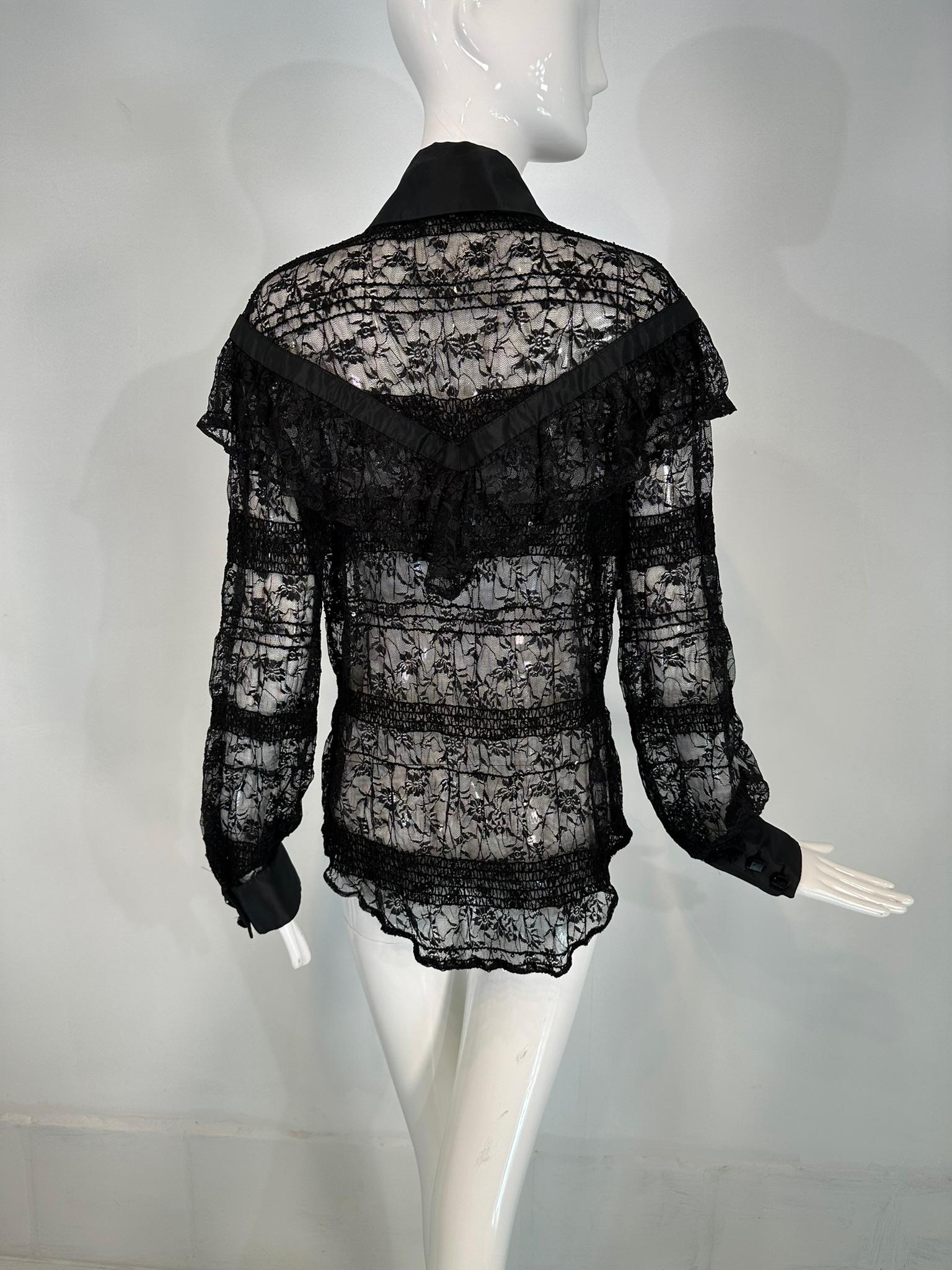 Jiki Monte Carlo Creations Sheer Black Lace with Sequins Ruffle Yoke Blouse EU46 For Sale 1