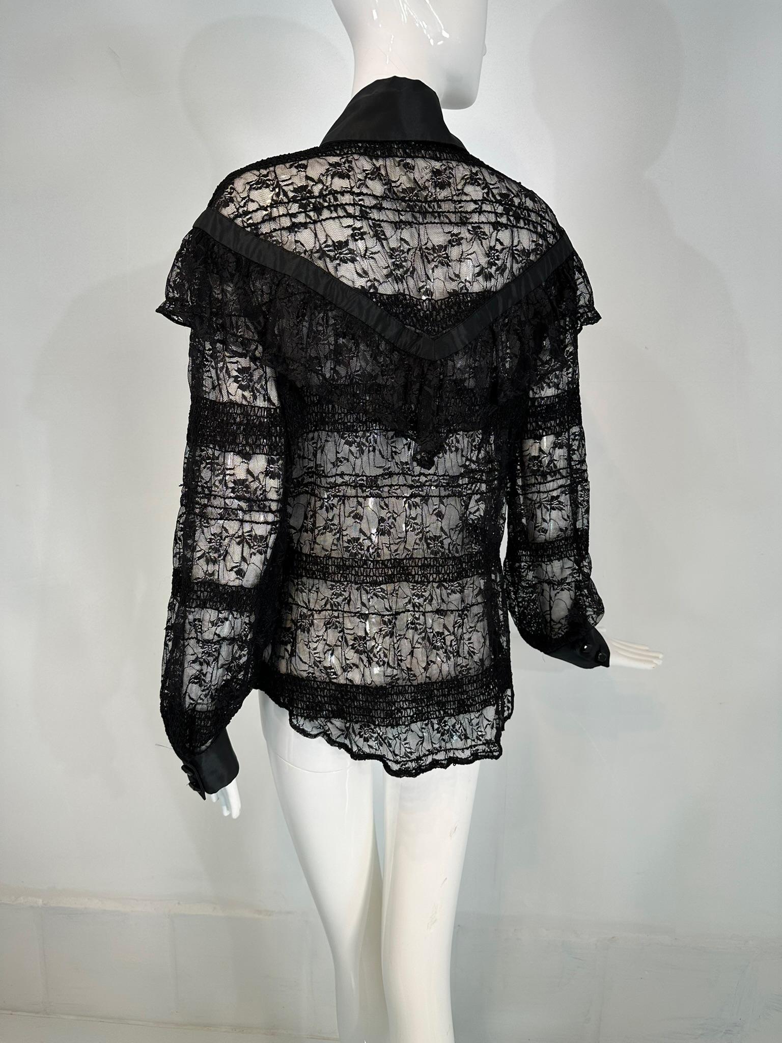 Jiki Monte Carlo Creations Sheer Black Lace with Sequins Ruffle Yoke Blouse EU46 For Sale 2