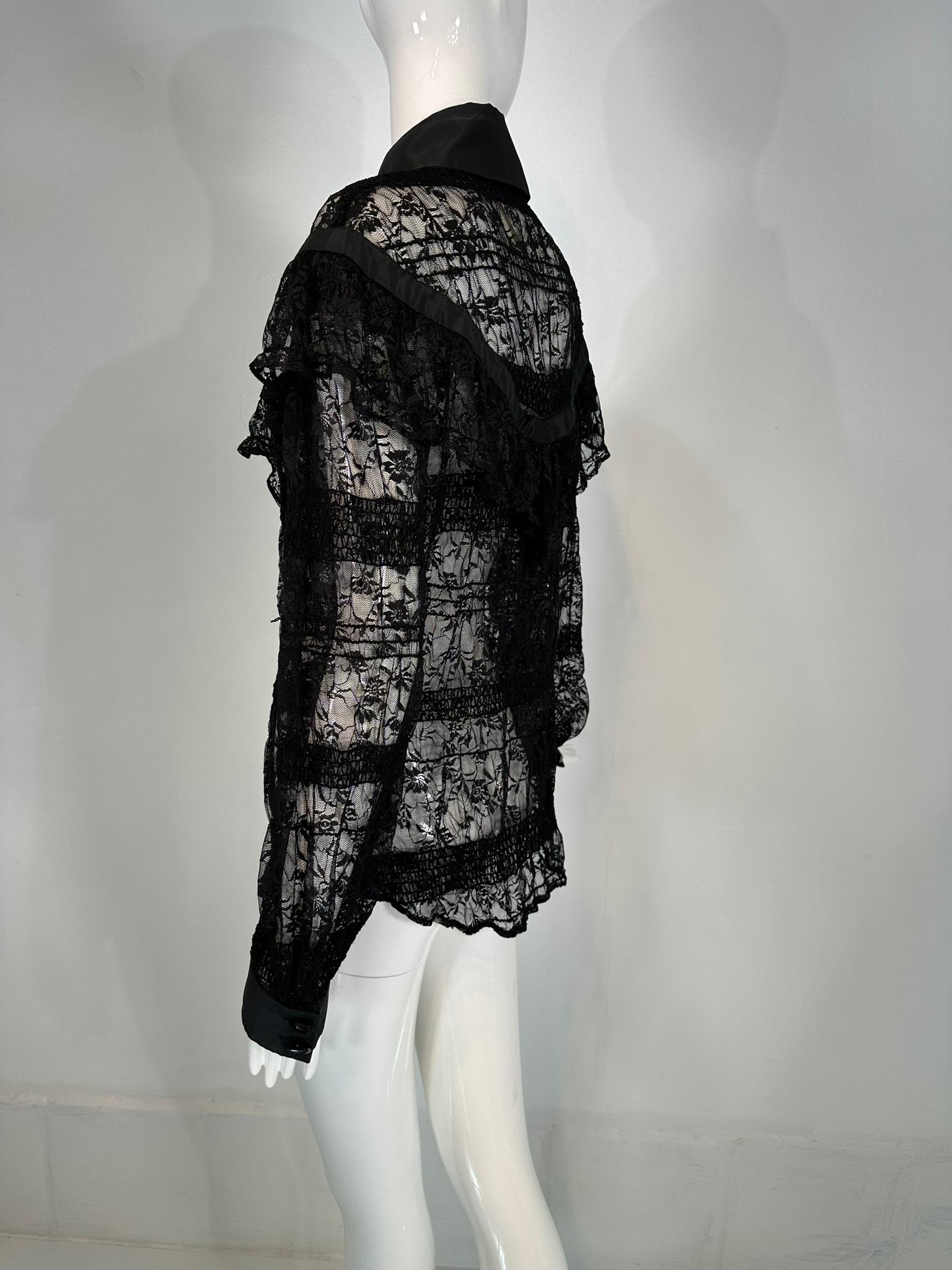 Jiki Monte Carlo Creations Sheer Black Lace with Sequins Ruffle Yoke Blouse EU46 For Sale 3